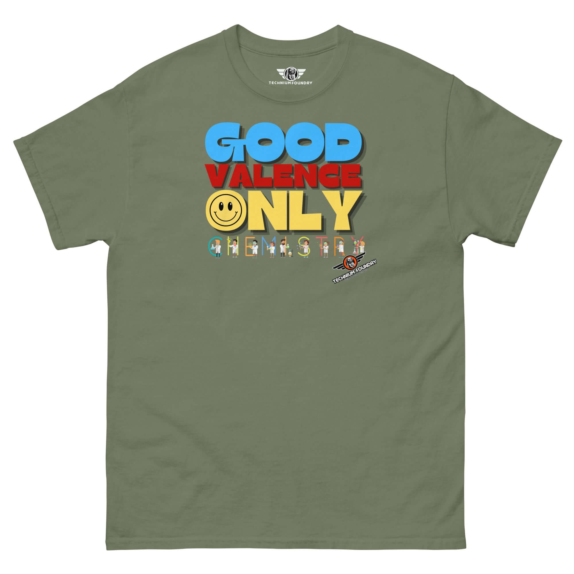 "Good Valence Only" chemistry t-shirt with retro typography and tiny scientists bringing positivity through chemistry puns.