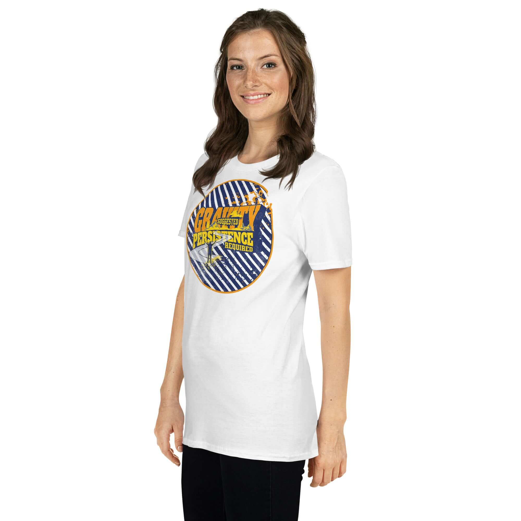 Woman wearing 'Gravity Suggested. Persistence Required.' T-shirt with circular emblem design and navy blue stripes
