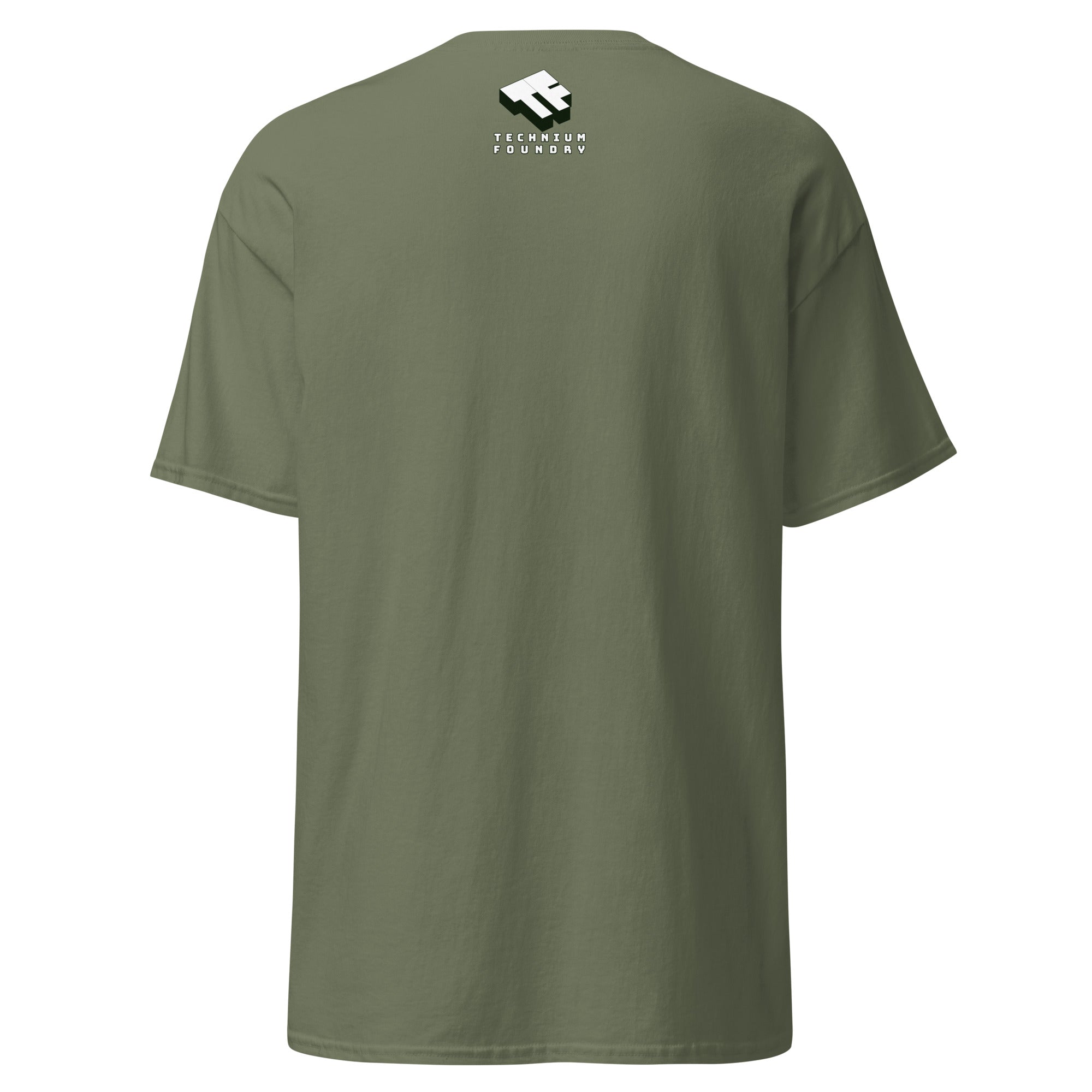 Back view of olive green T-shirt with small graphic logo on upper back, blank canvas showcasing fabric texture and fit.