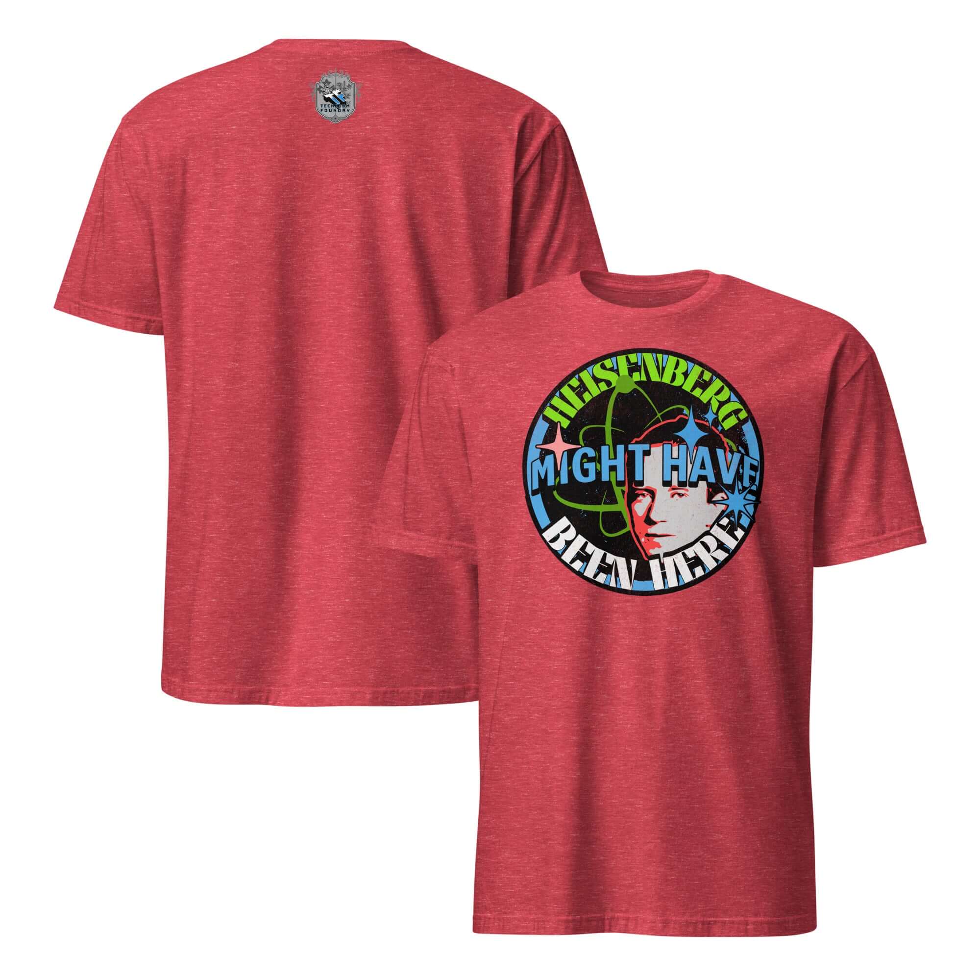 Heisenberg Might Have Been Here T-Shirt featuring retro-cosmic design with atomic symbols and starbursts on red fabric.