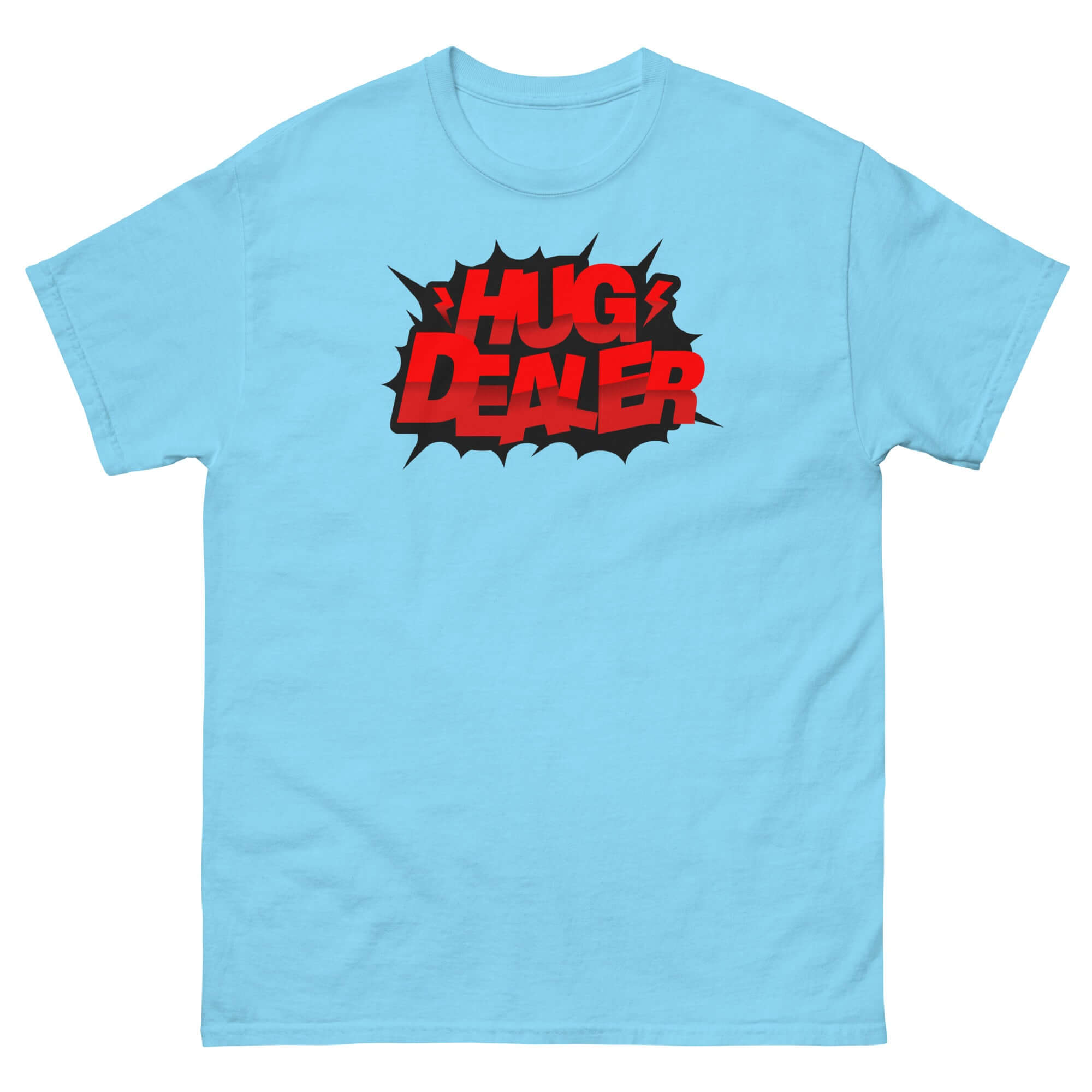 Blue 'Hug Dealer' T-shirt with comic book style design for embrace enthusiasts.