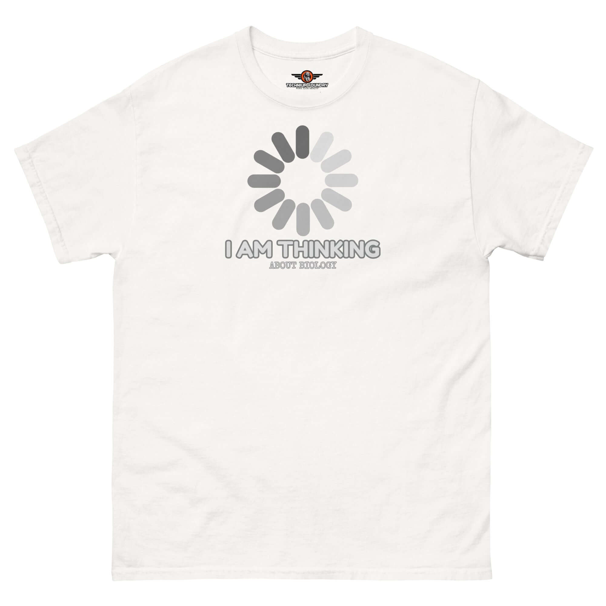 Biology humor t-shirt with loading symbol "I Am Thinking About Biology" design, perfect for science enthusiasts.