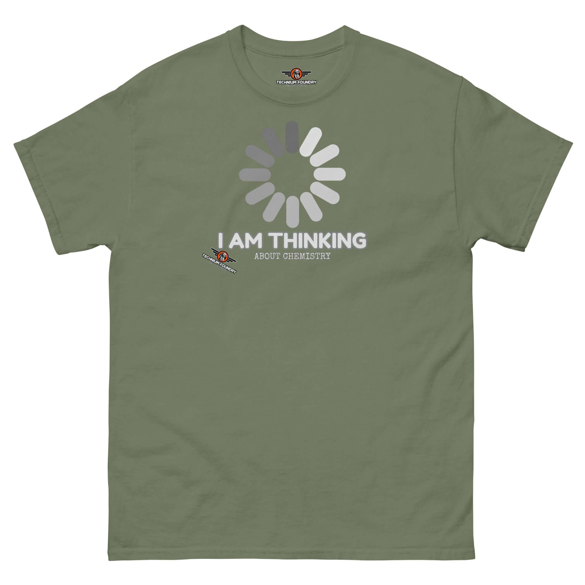 Olive green t-shirt with 'I Am Thinking About Chemistry' text and loading icon design, perfect for chemistry enthusiasts.