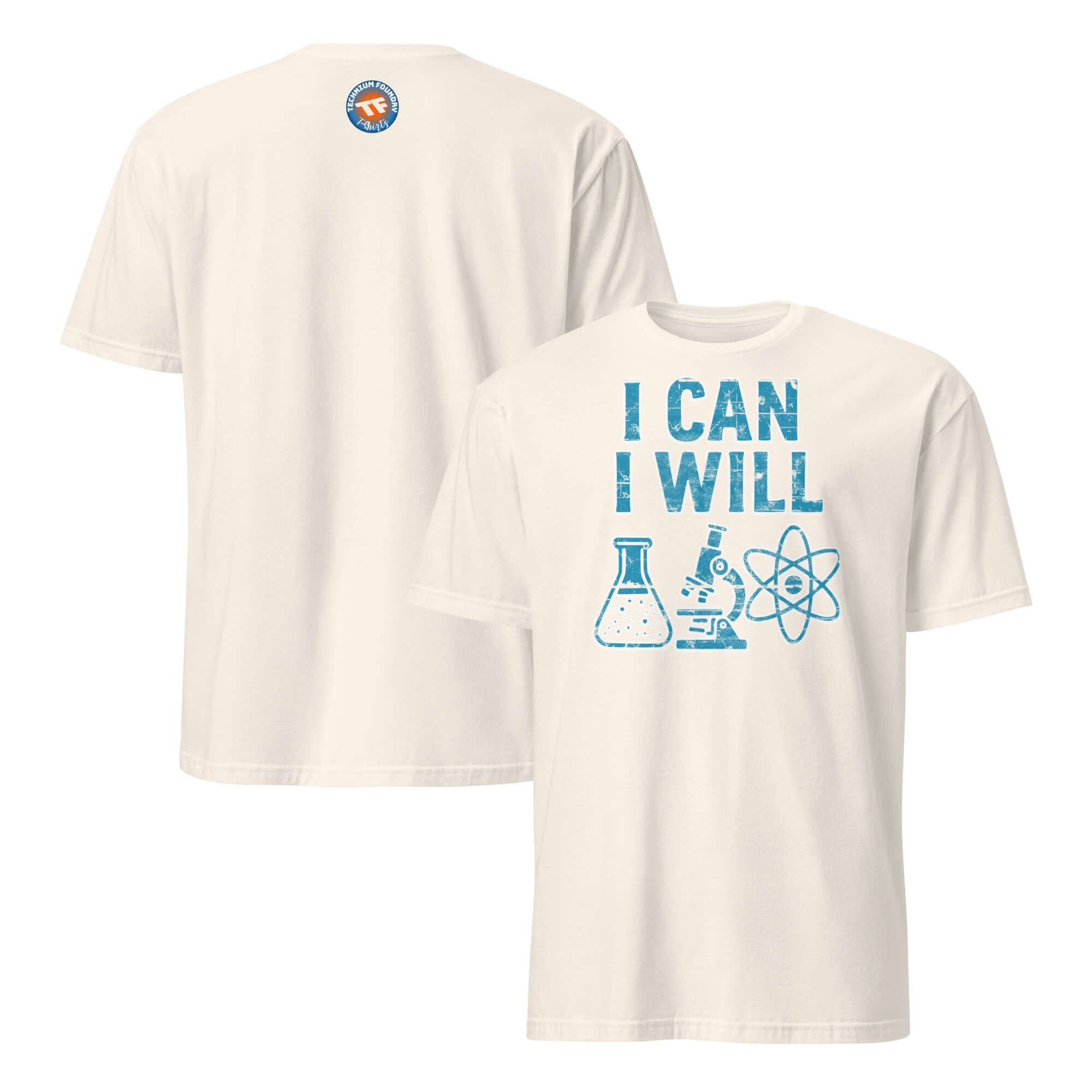 I Can I Will science t-shirt with lab equipment and atomic structure graphic promoting scientific motivation.