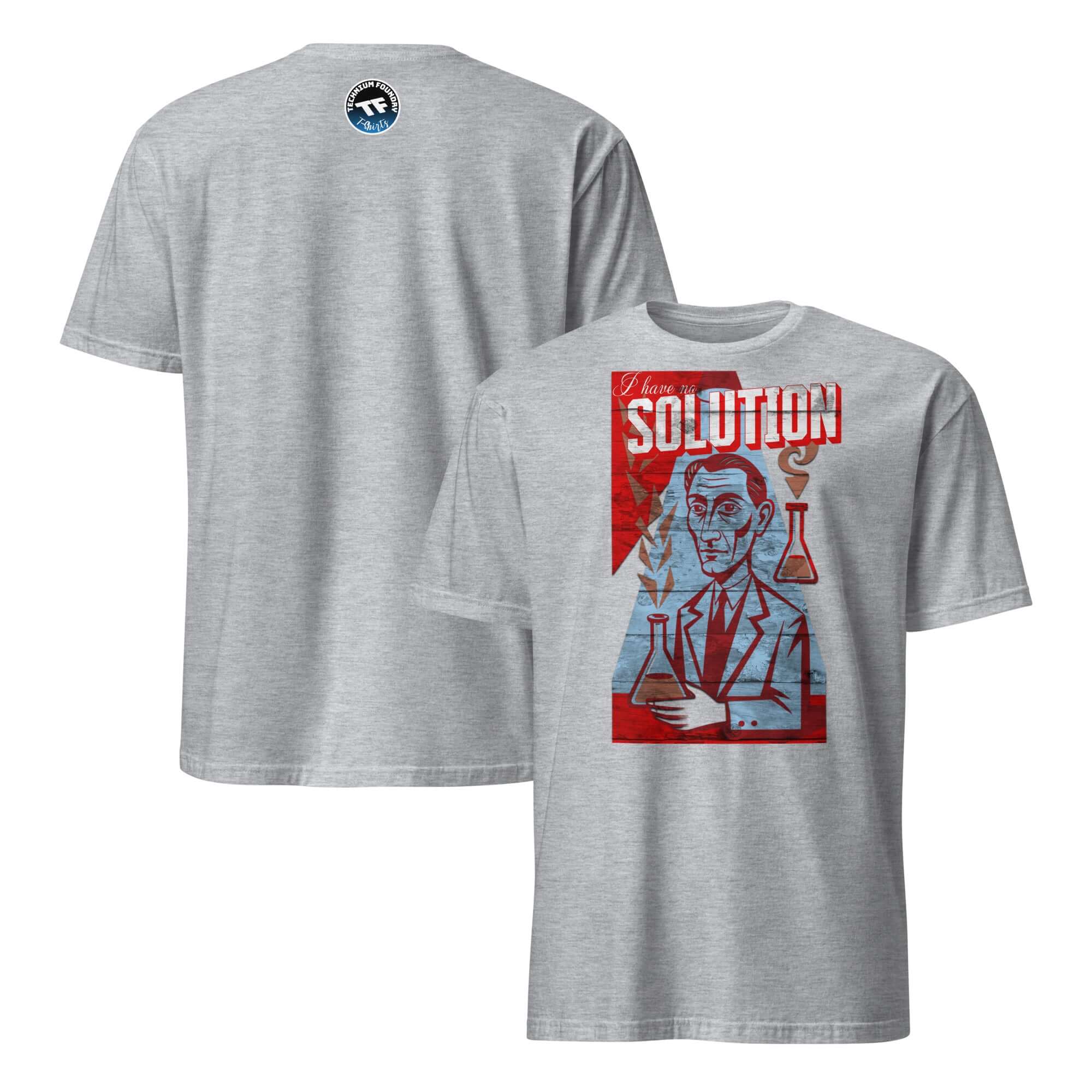 "I Have No Solution" Chemistry T-Shirt with Soviet-style design in grey, featuring scientist and lab flasks.