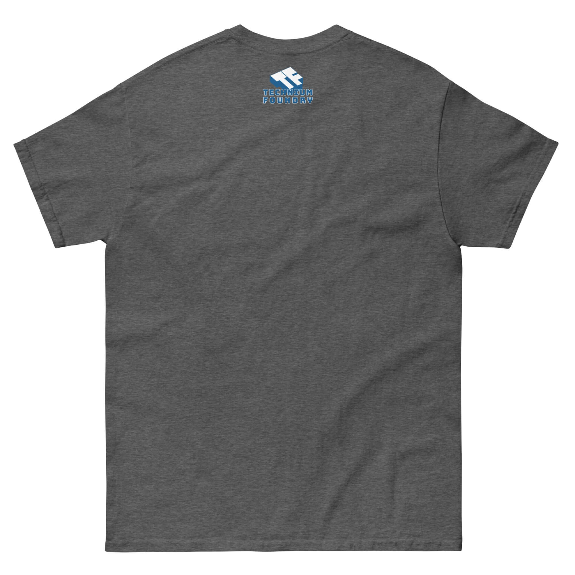 Back view of gray "I Like Big Bots" T-shirt featuring blue Mechanical Honesty Hour logo, made of black cotton.