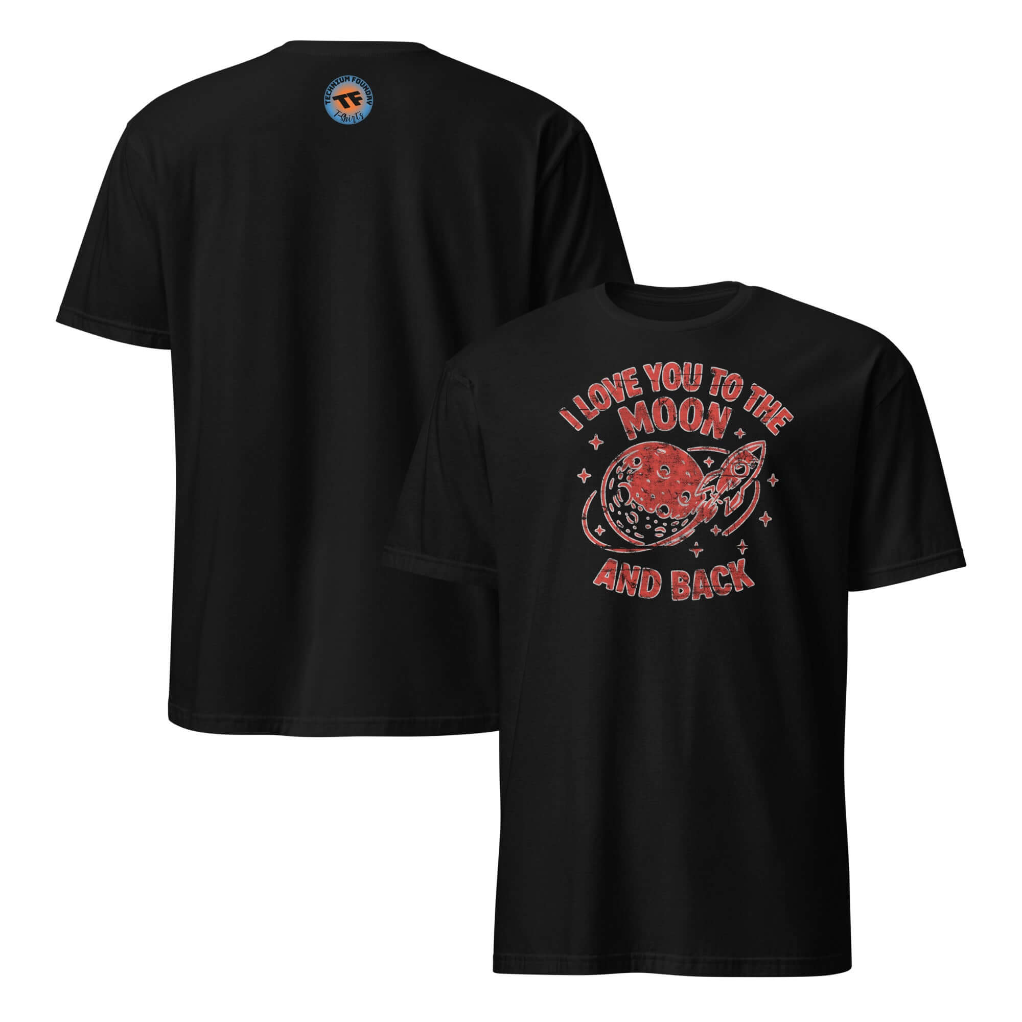 Black T-shirt with red graphic and text 'I Love You to the Moon and Back' featuring a moon and stars, space romance theme.