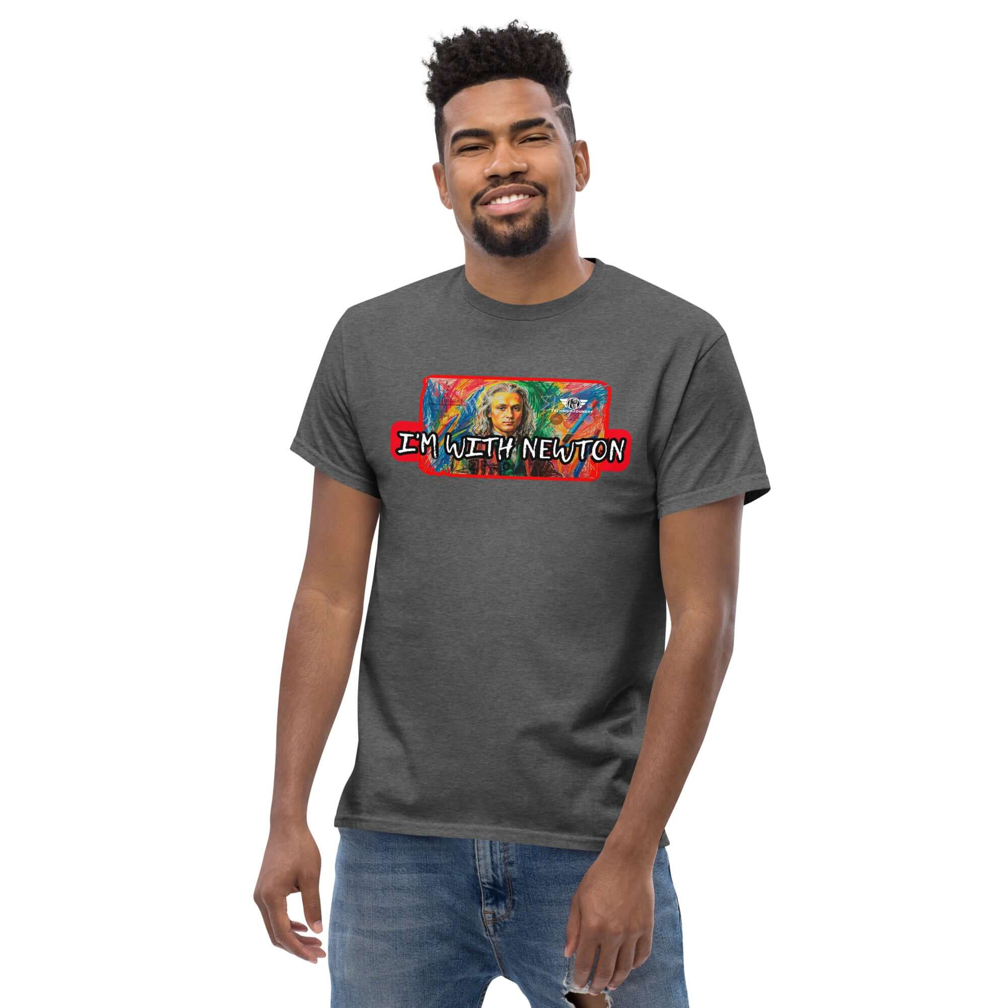 Model wearing 'I’m With Newton' colorful physics portrait t-shirt, featuring a vibrant pop art illustration of Sir Isaac Newton.