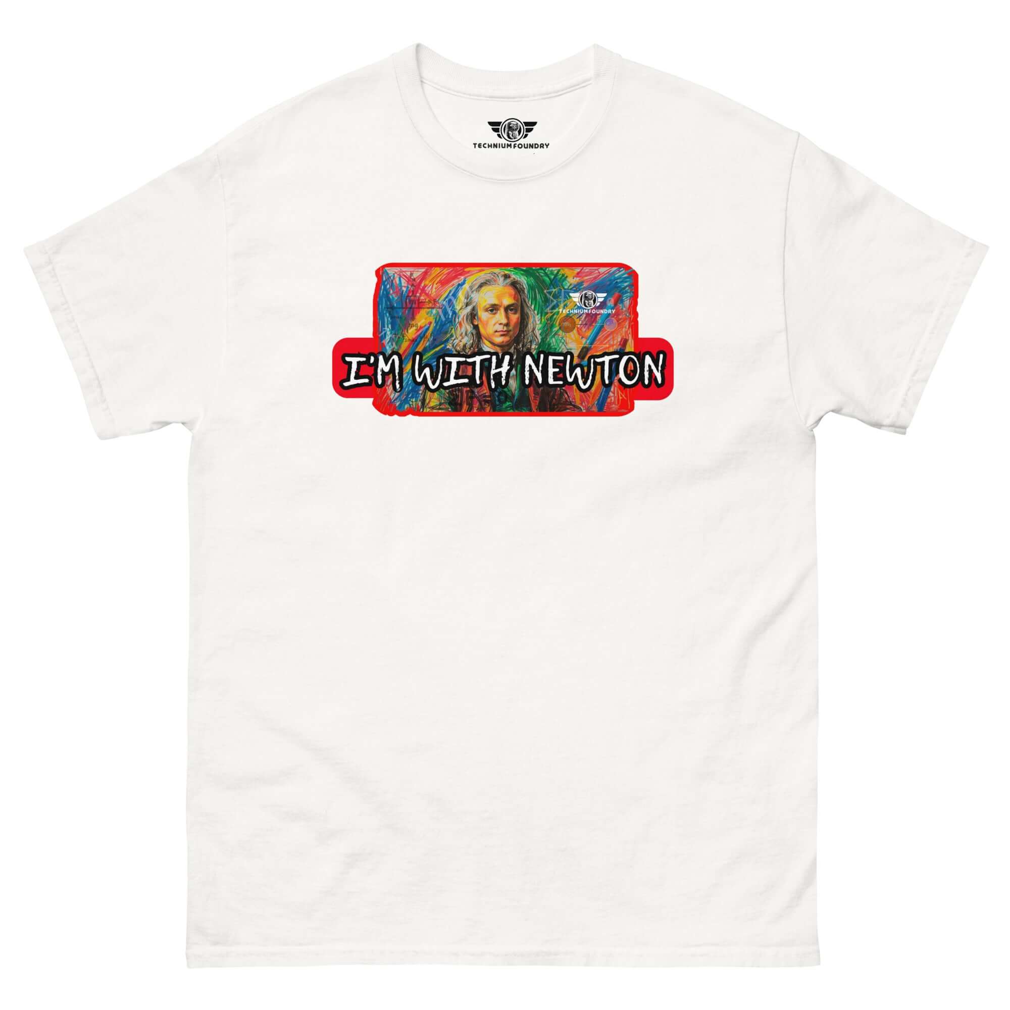 Colorful I'm With Newton T-shirt featuring pop art portrait of Isaac Newton, combining classical mechanics with vibrant pop art style.