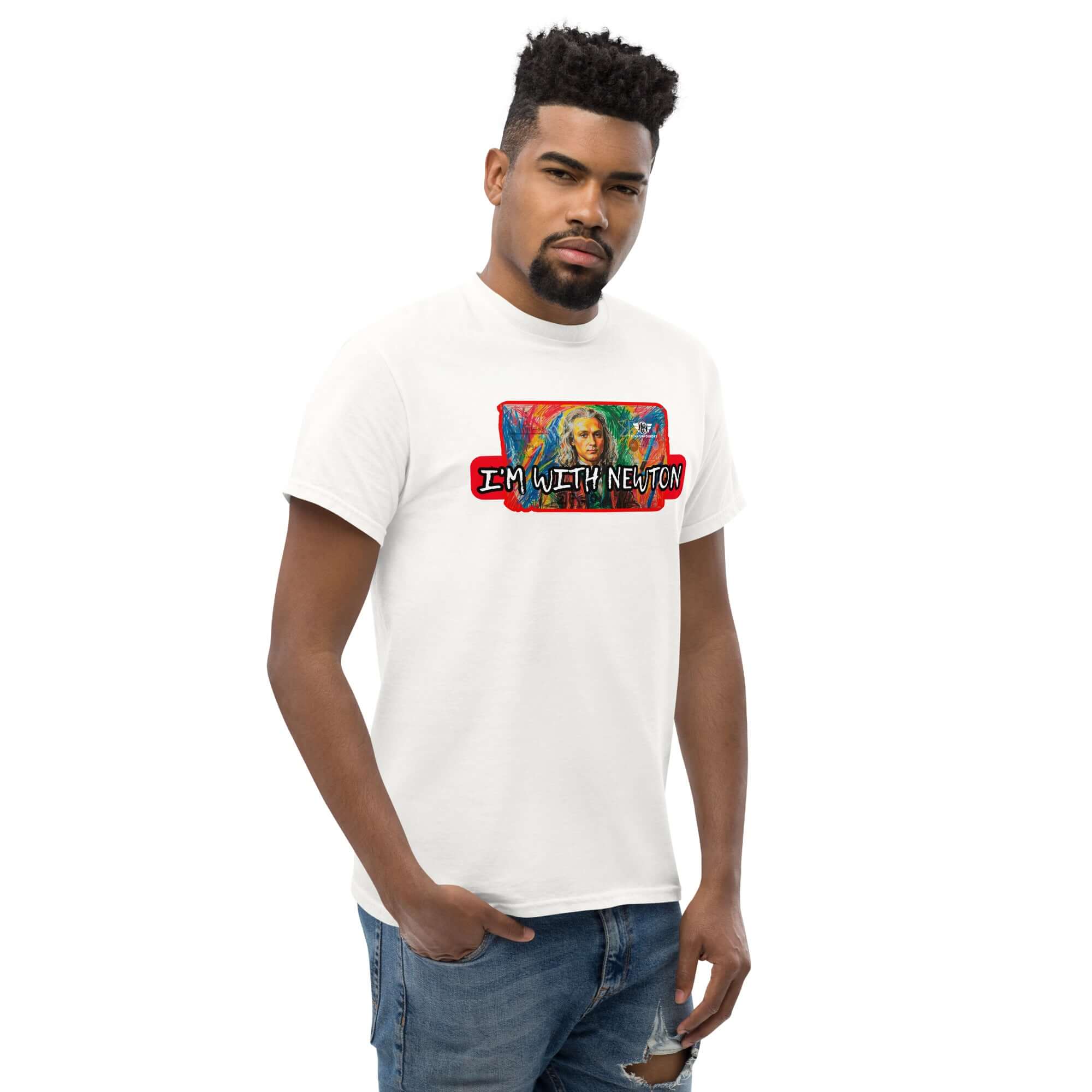 Man wearing 'I'm With Newton' colorful physics portrait t-shirt, featuring pop art design of Sir Isaac Newton.