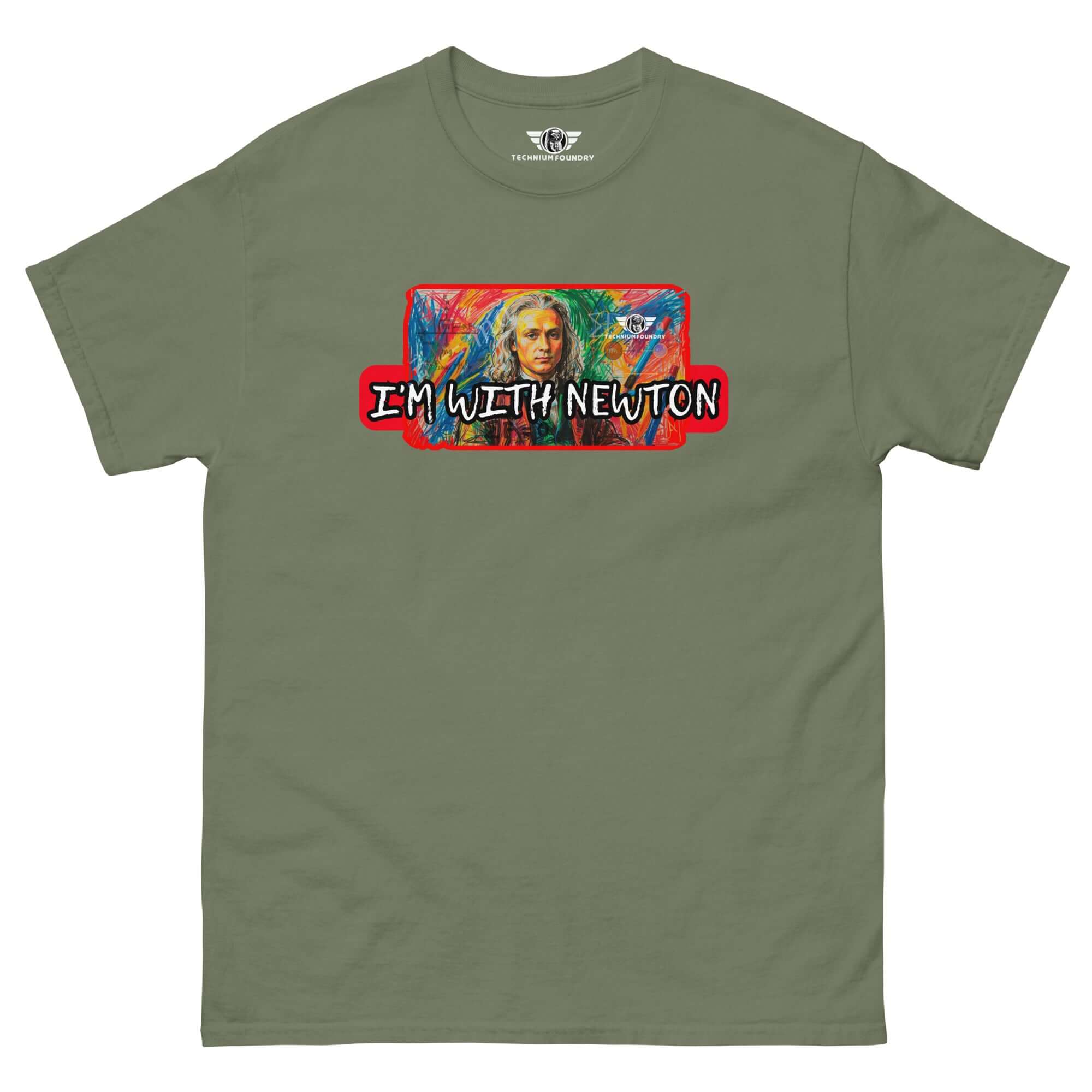 "I'm With Newton" colorful physics portrait t-shirt, featuring Sir Isaac Newton in pop art style on an olive green shirt.