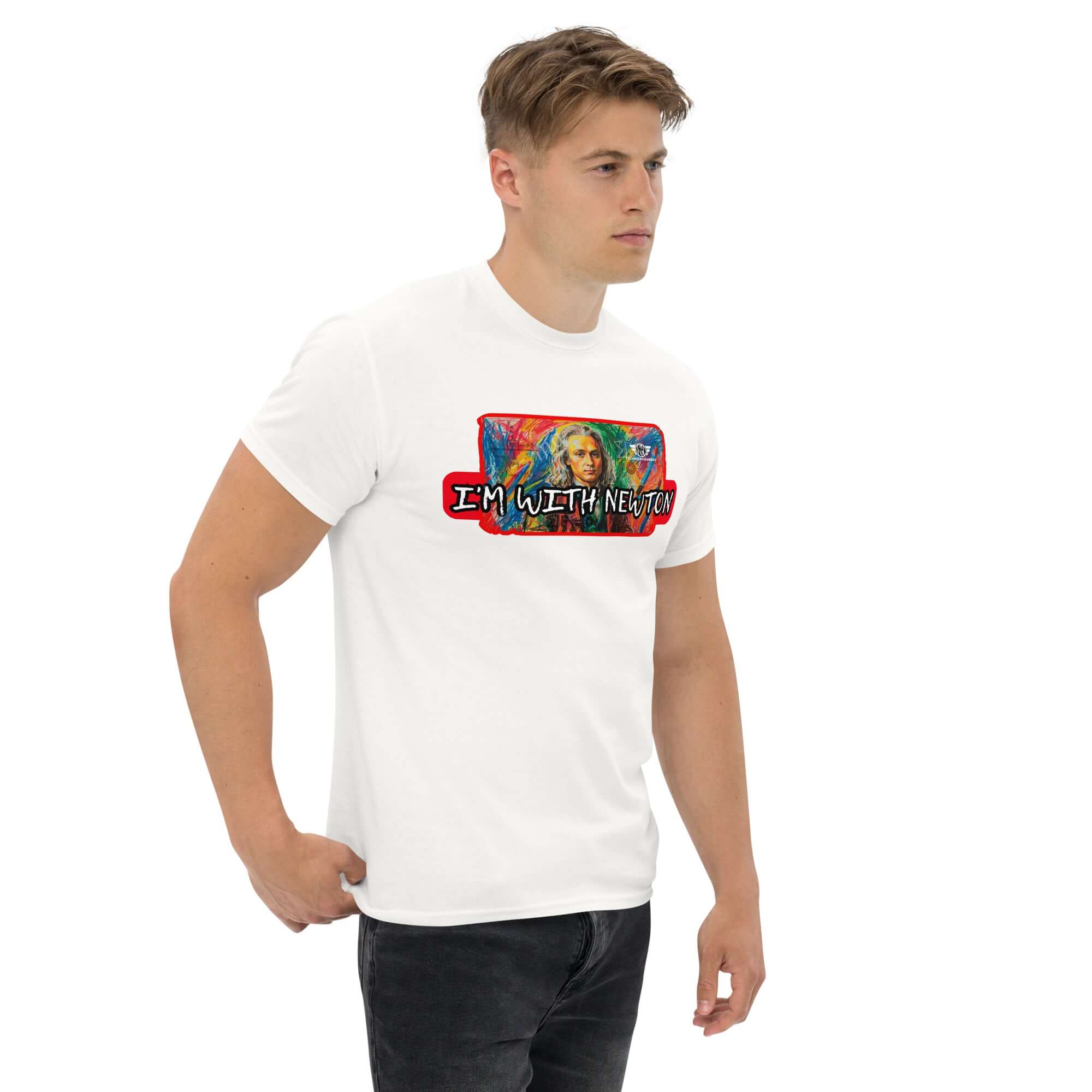Model wearing colorful "I'm With Newton" physics portrait t-shirt, showcasing pop art style of Sir Isaac Newton.