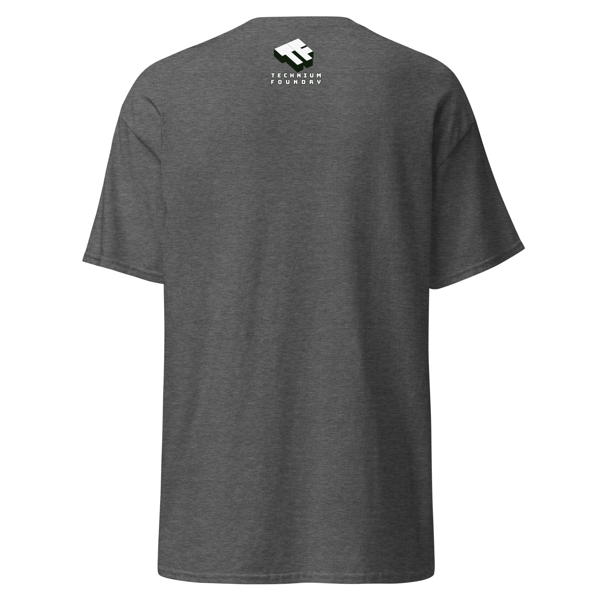 Back view of a dark gray t-shirt with a small white logo near the neckline, showcasing the simplicity and style of this casual wear.