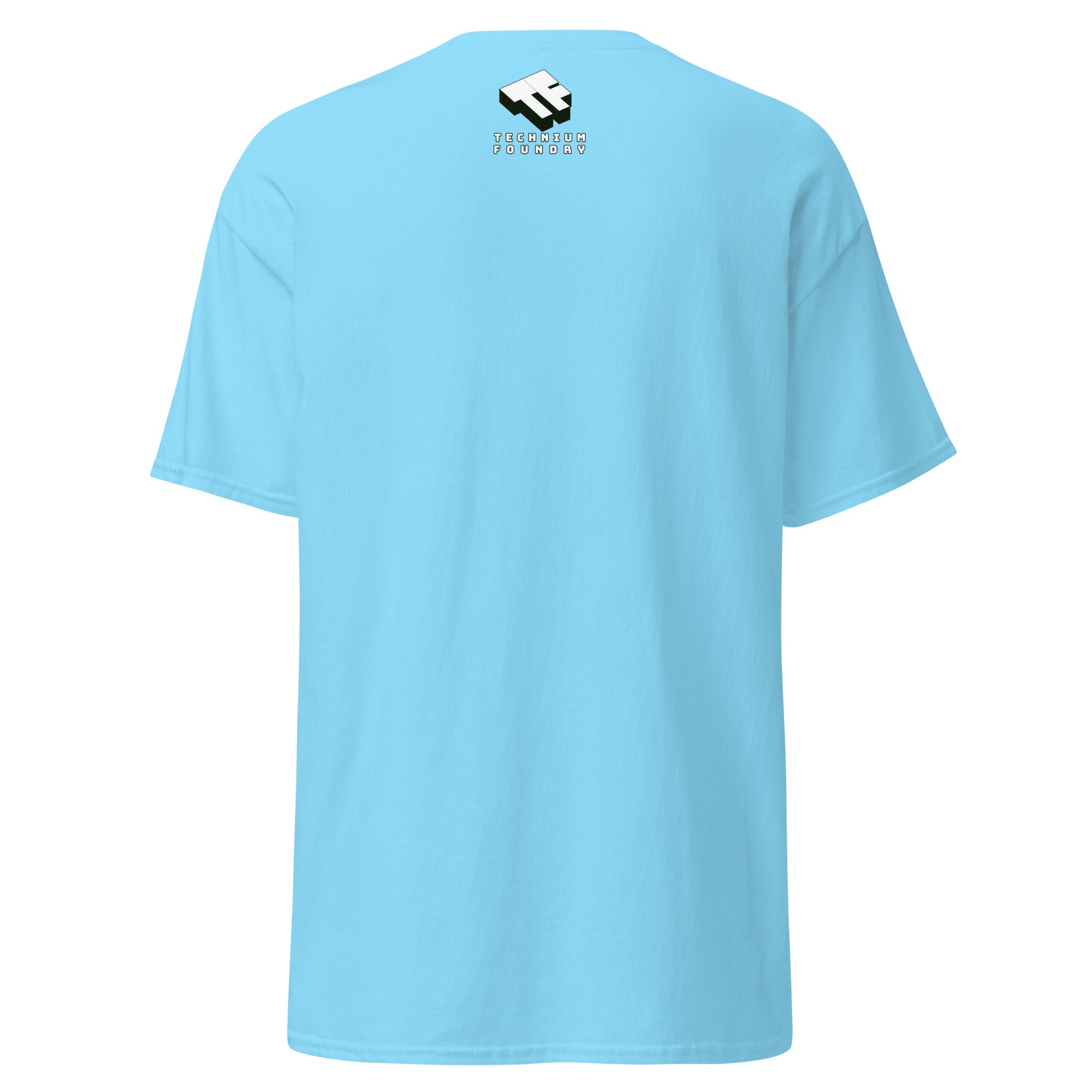 Back view of a light blue t-shirt with a logo near the collar.
