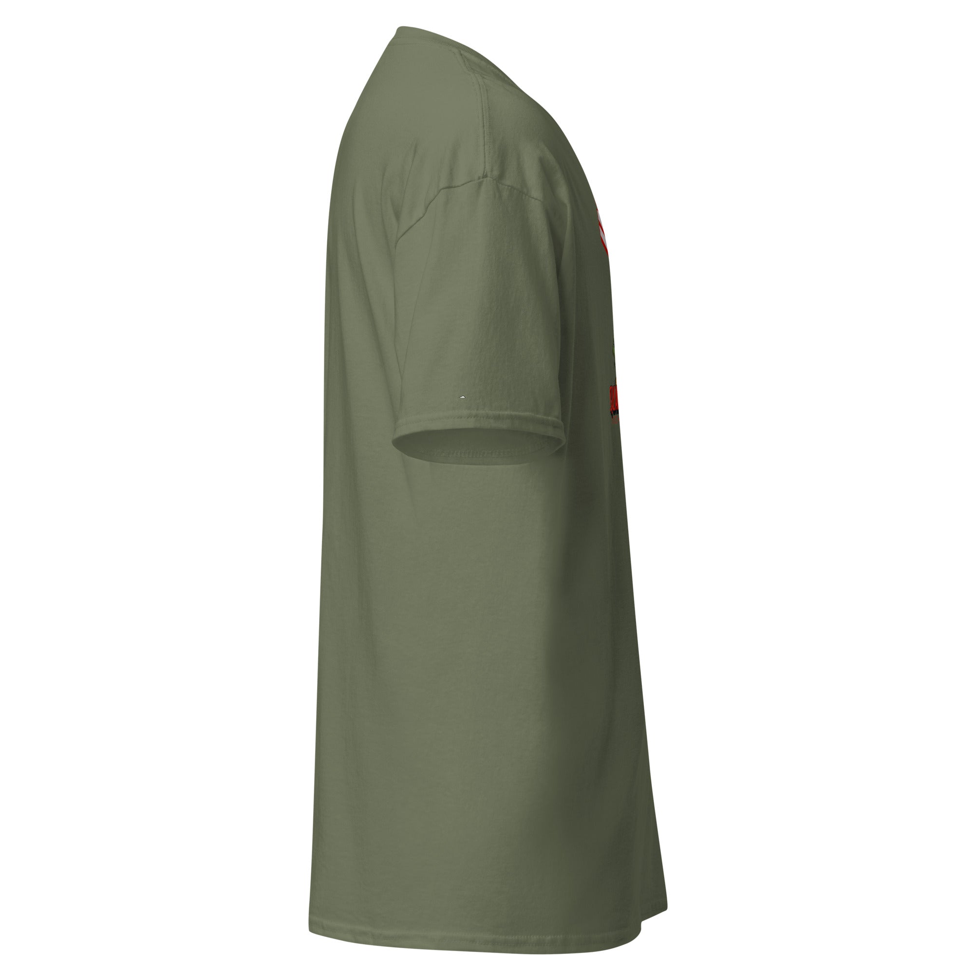 Side view of an olive green t-shirt showing the profile, emphasizing fabric texture and sleeve length.