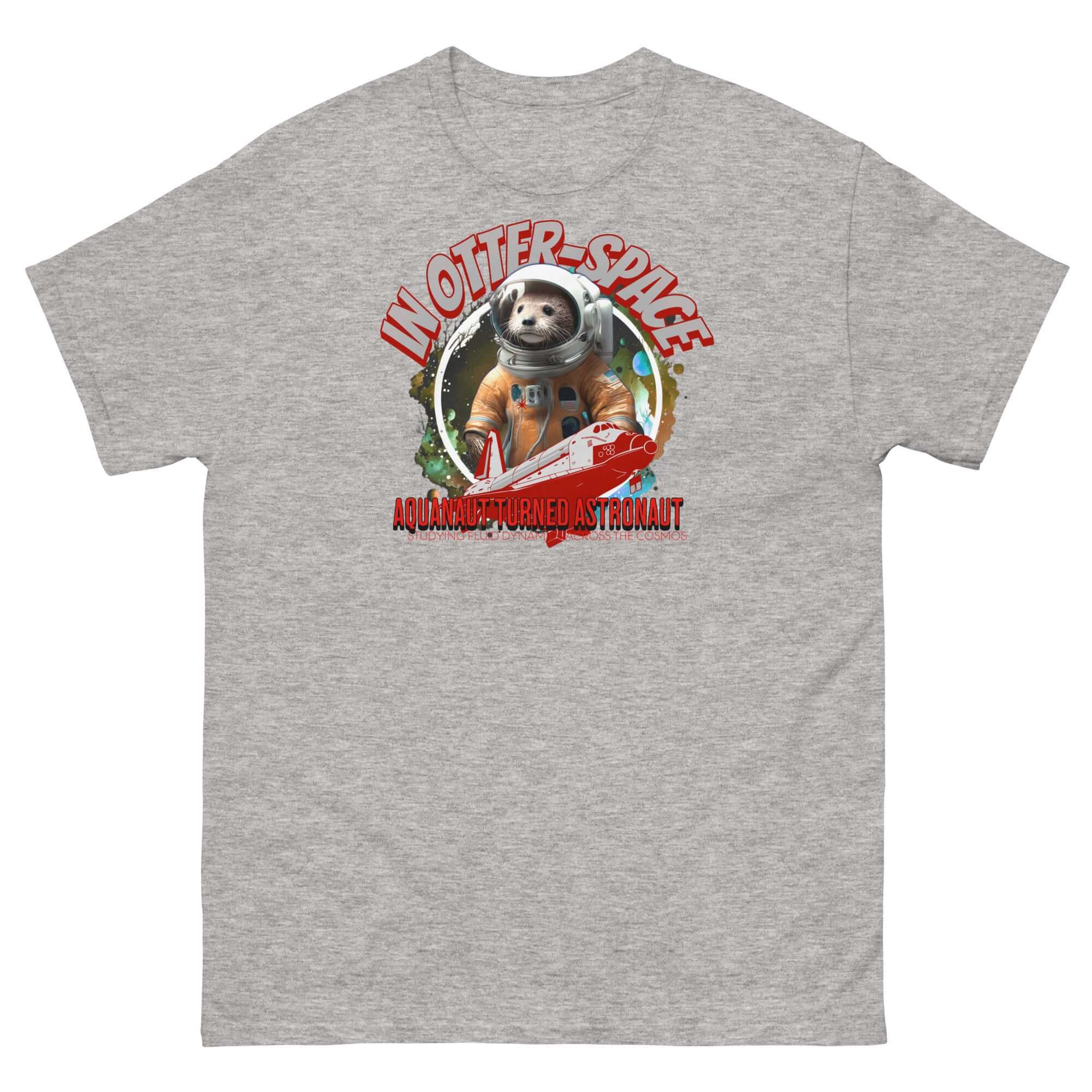 Otter astronaut t-shirt design with orange spacesuit, space shuttle, and cosmic background. Text: 'IN OTTER SPACE' and 'AQUANAUT TURNED ASTRONAUT'.