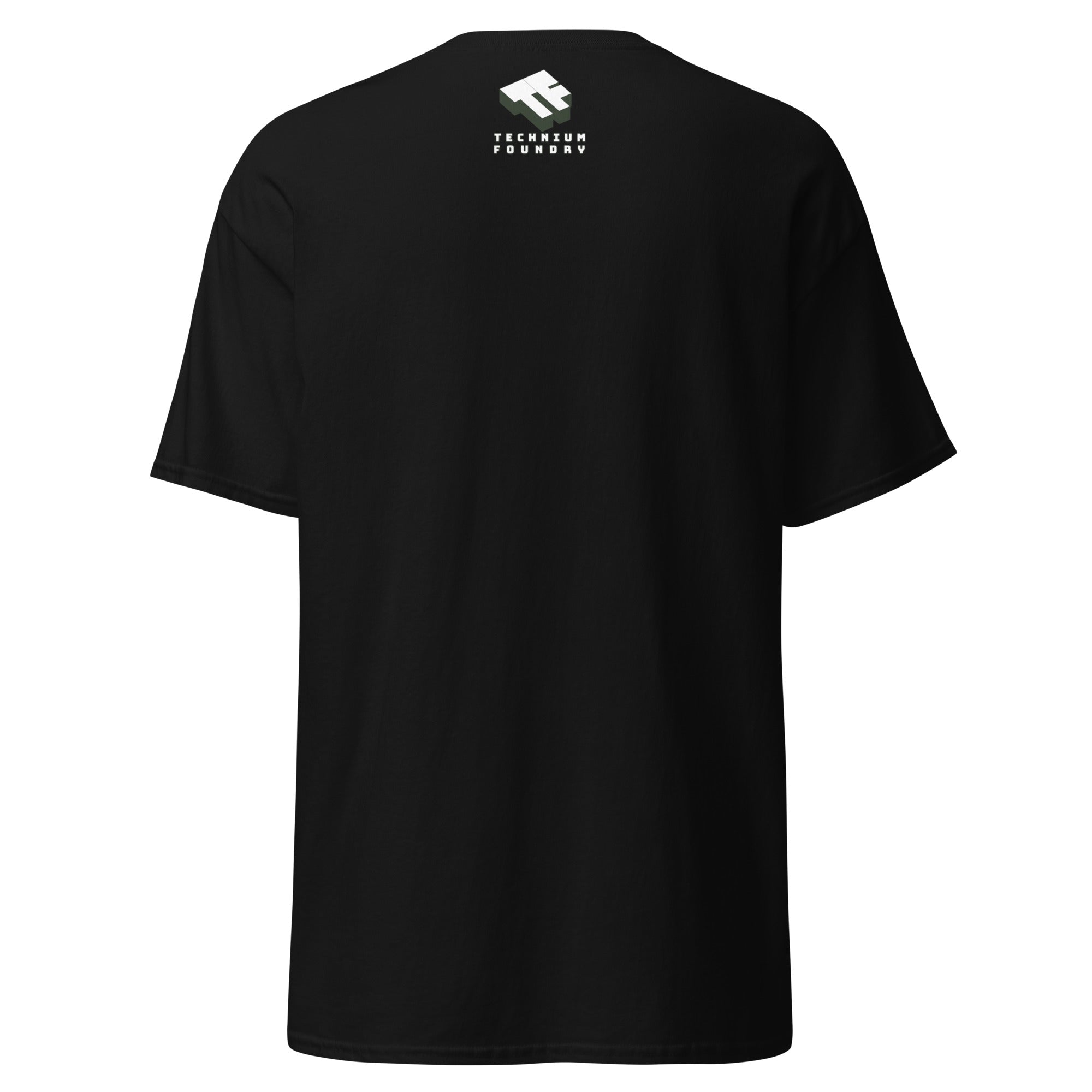 Back view of a black t-shirt with a small logo graphic near the neck.