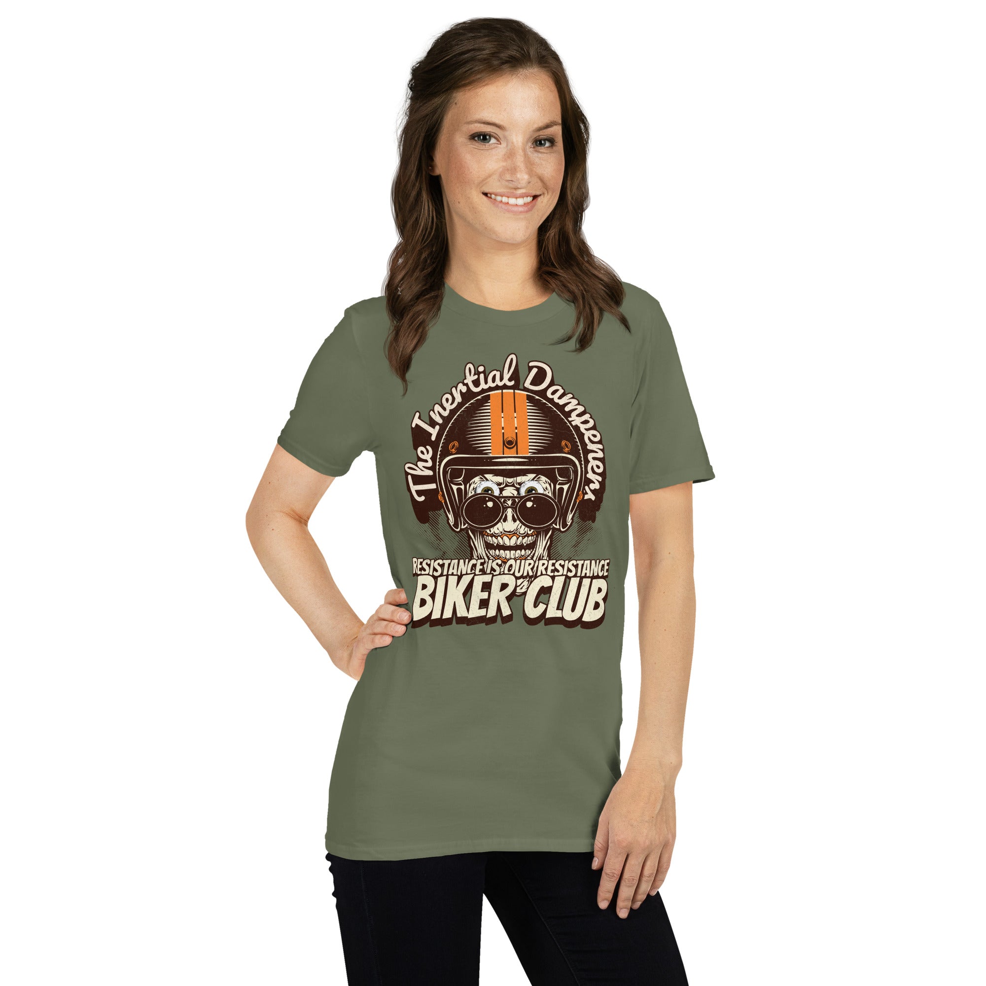 Woman wearing Inertial Dampeners Biker Club T-Shirt featuring helmet skull design, blending physics with motorcycle culture humor.