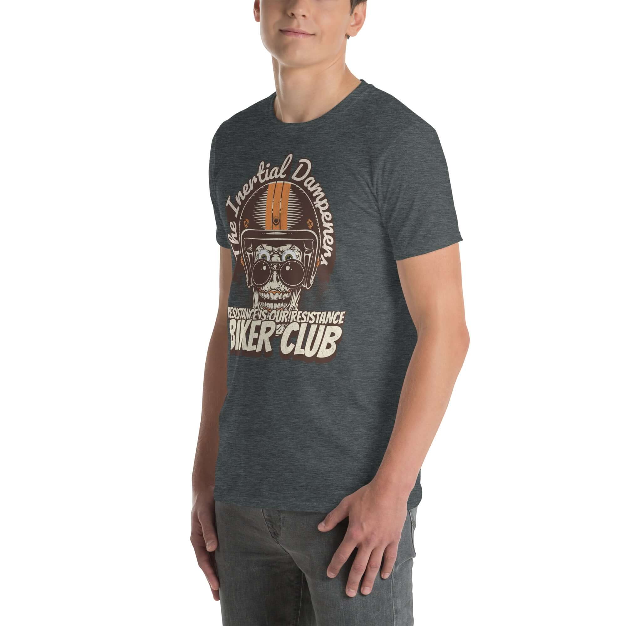 Man wearing 'The Inertial Dampeners Biker Club' t-shirt featuring a helmet-wearing skull design, blending physics with biker style.