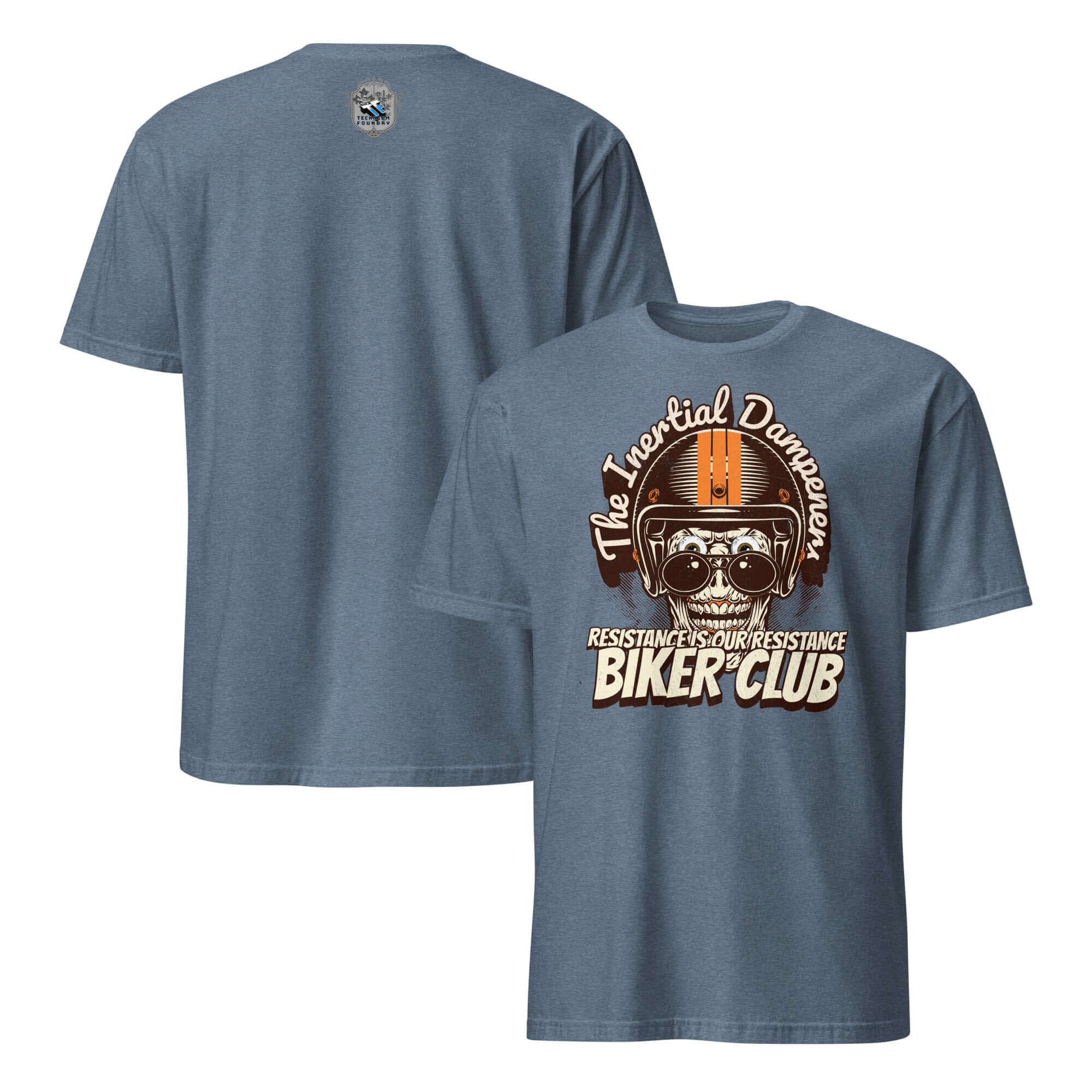 The Inertial Dampeners Biker Club T-Shirt with skull helmet design and humorous physics motto.