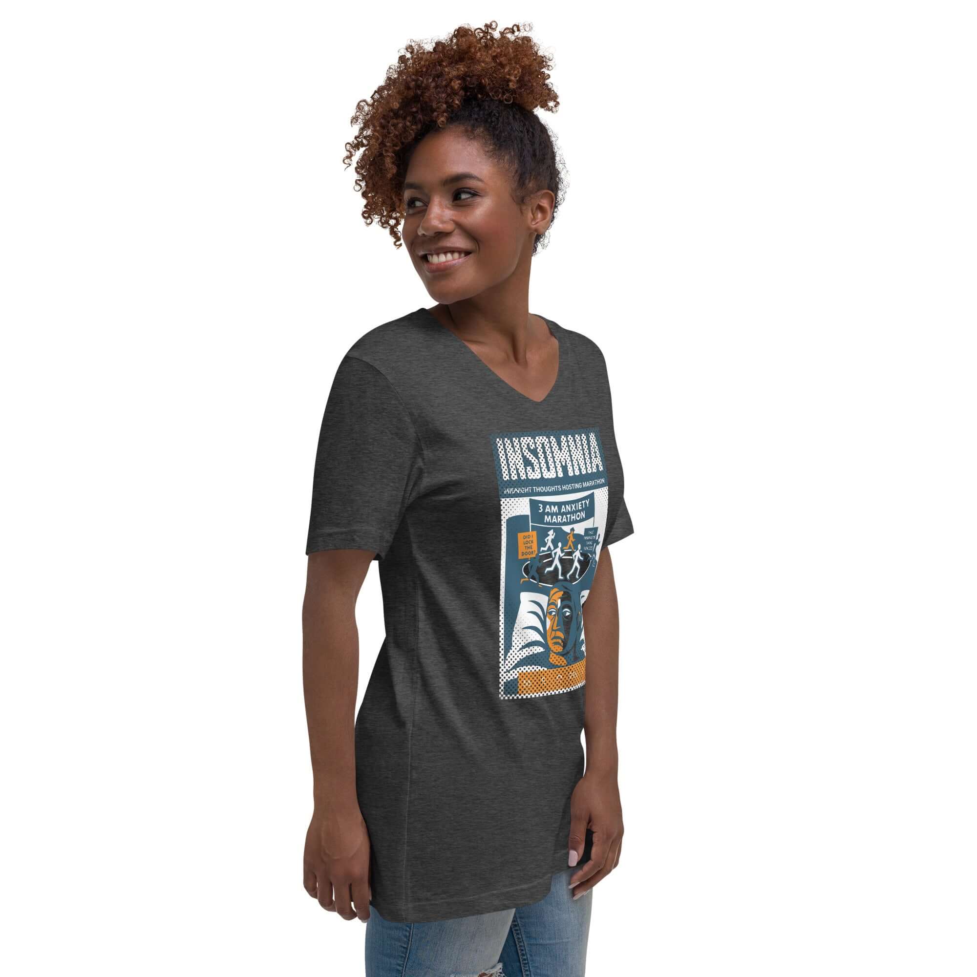 Woman wearing Insomnia T-shirt featuring 'Midnight Thoughts Hosting Marathon' vintage design.