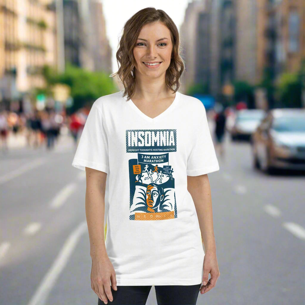 Woman wearing Insomnia T-Shirt featuring 'Midnight Thoughts Hosting Marathon' vintage poster design.