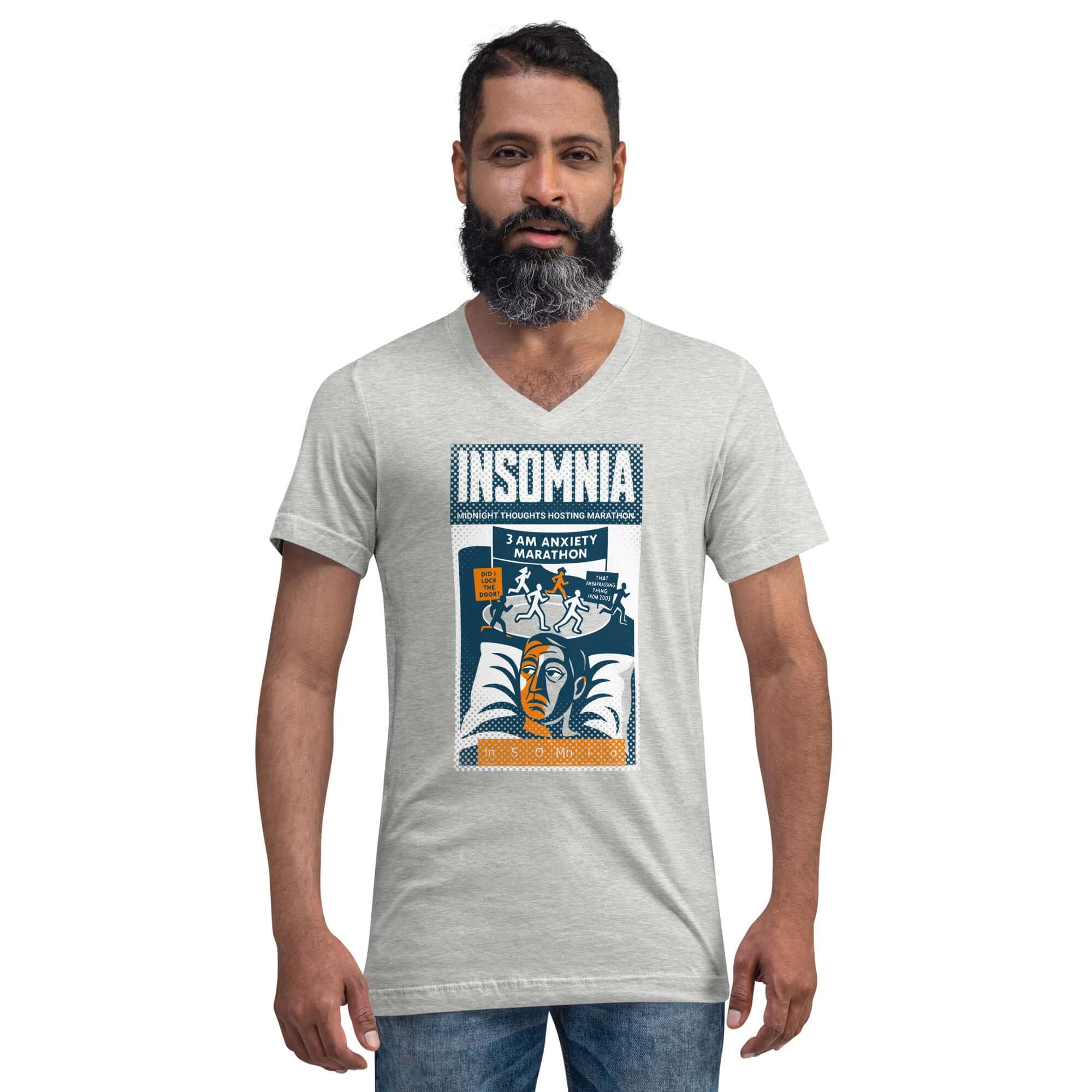 Man wearing Insomnia T-Shirt with vintage poster design, 'Midnight Thoughts Hosting Marathon', highlighting the humor of sleepless nights.