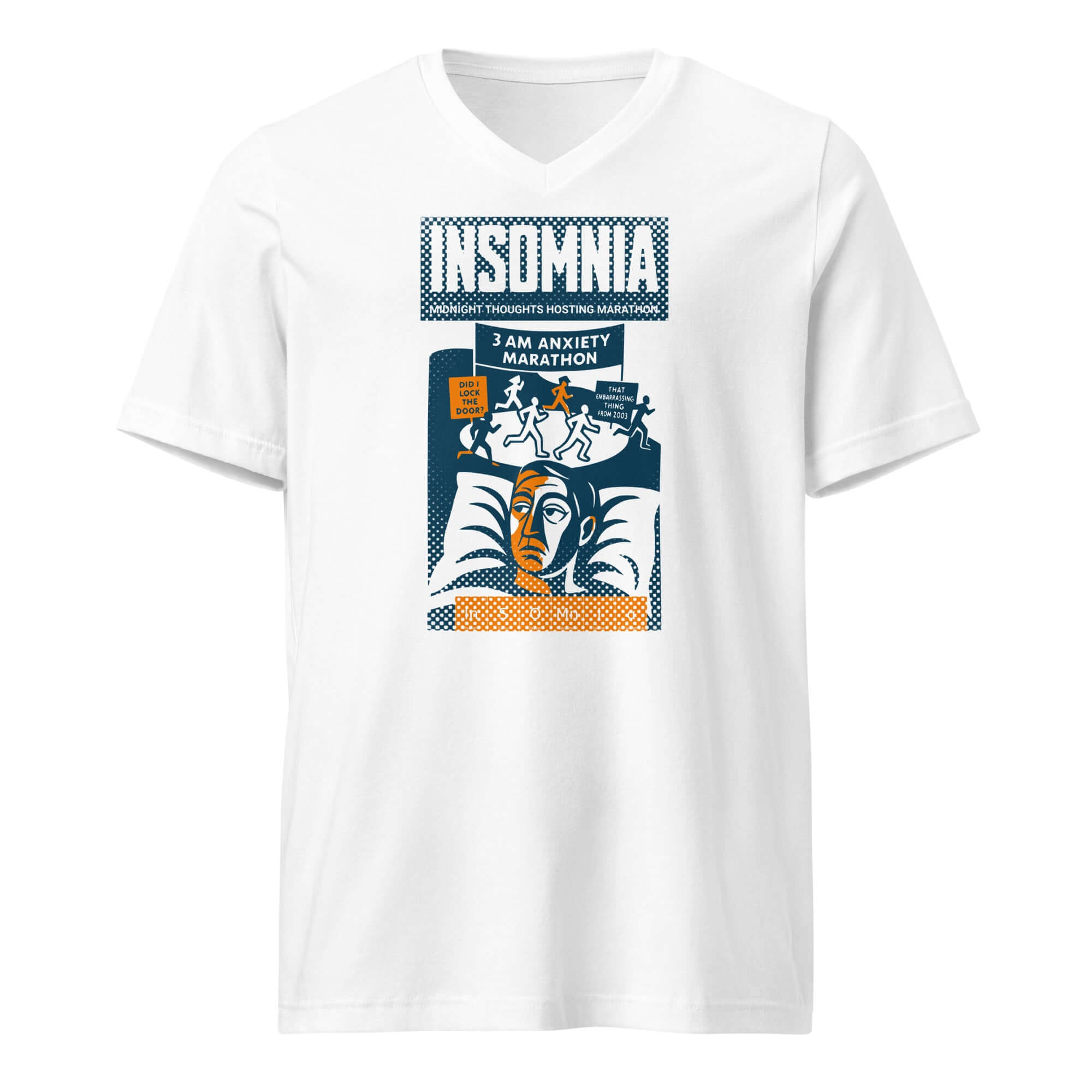 White t-shirt featuring 'Insomnia: Midnight Thoughts Hosting Marathon' vintage poster with a humorous anxiety theme at 3 AM.