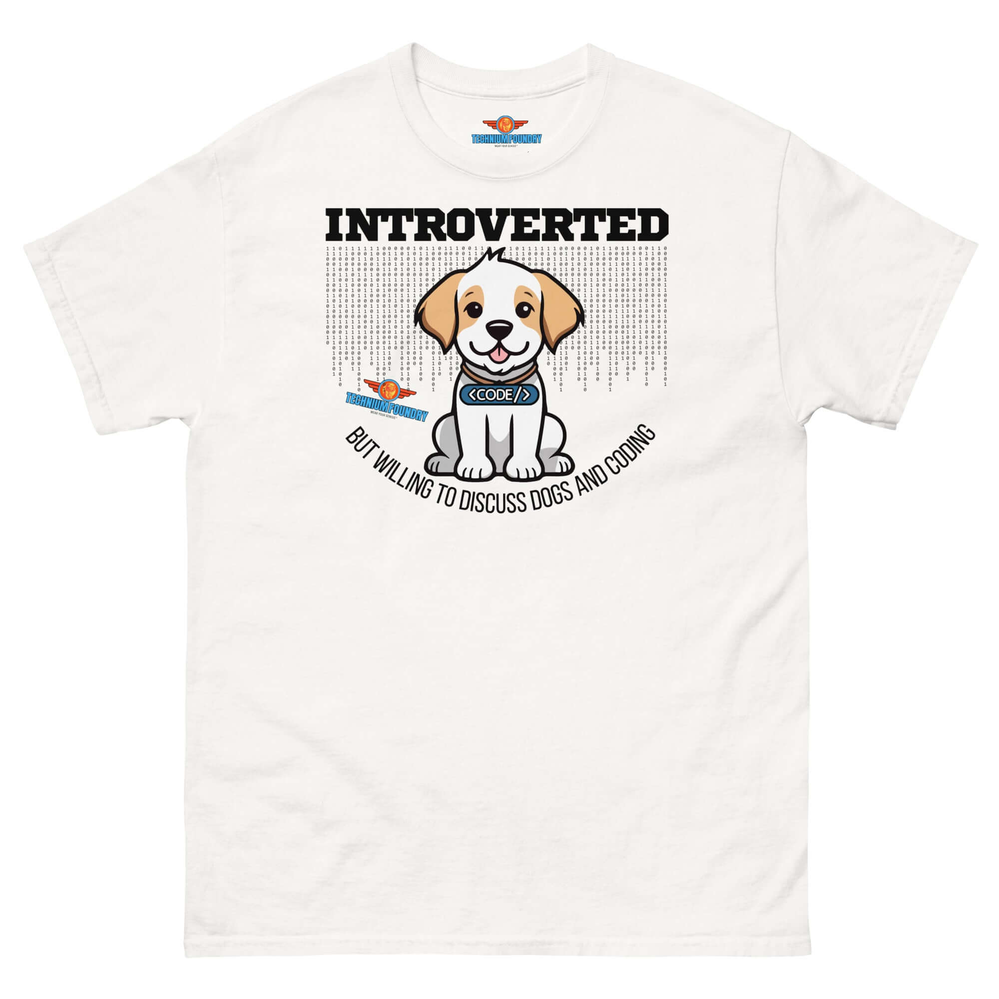 "Introverted Tee with Cute Puppy Design - Willing to Discuss Dogs, Part of Science & Tech Apparel by Technium Foundry"