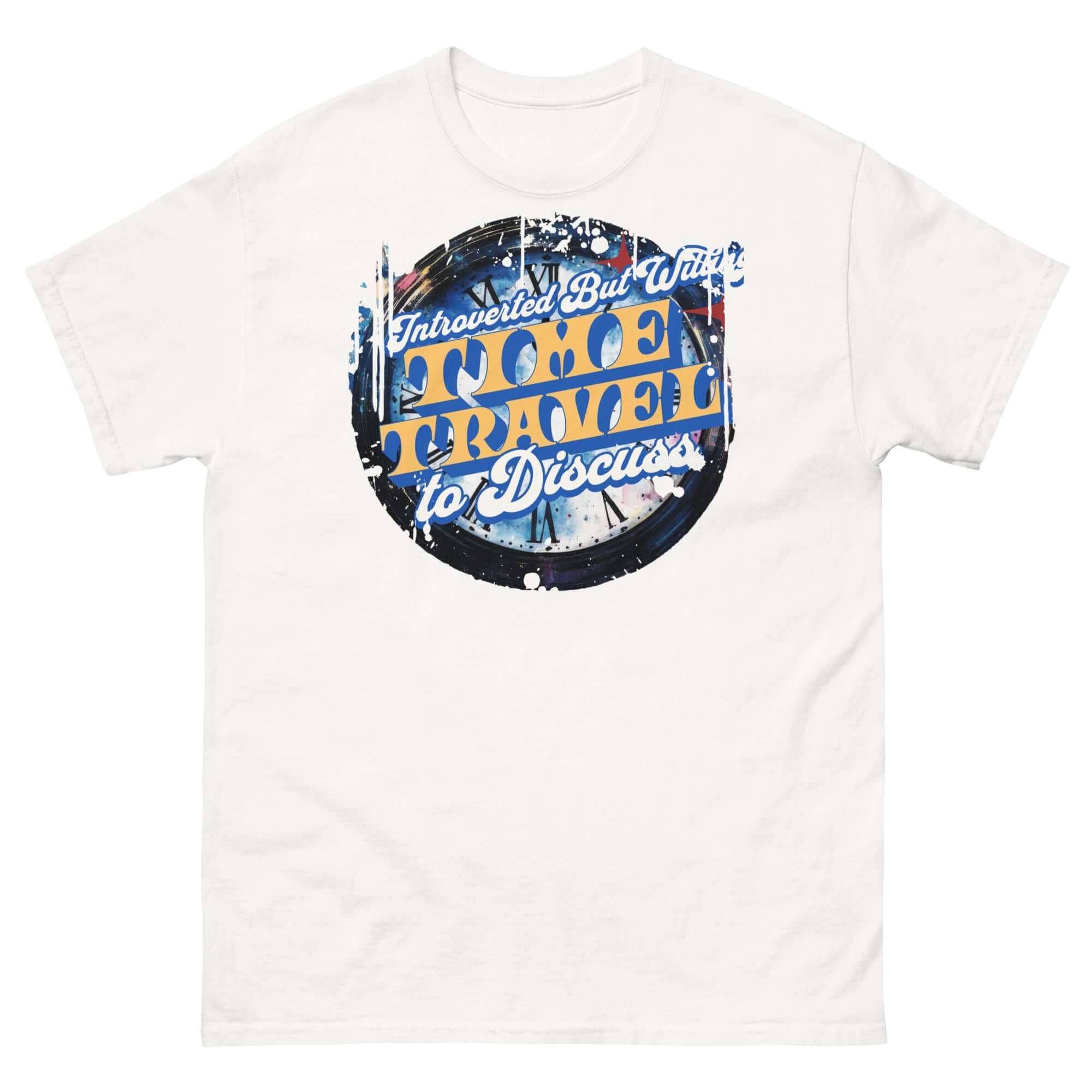 Introverted Time Travel T-Shirt with vintage circular design; black humor tee blending theoretical physics and social boundaries.