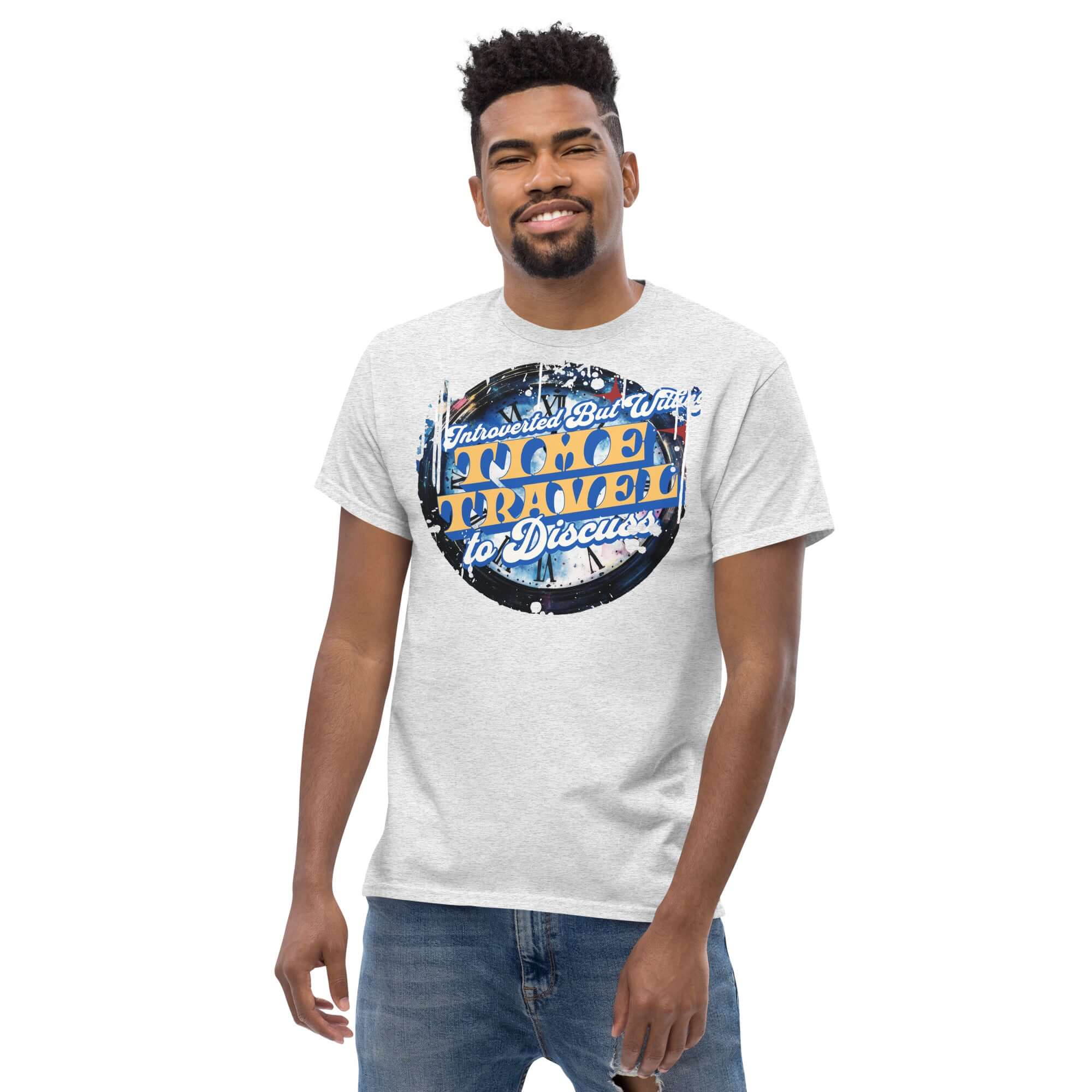 Man wearing Introverted Time Travel T-Shirt with circular design, displaying humor about temporal paradoxes and social boundaries.