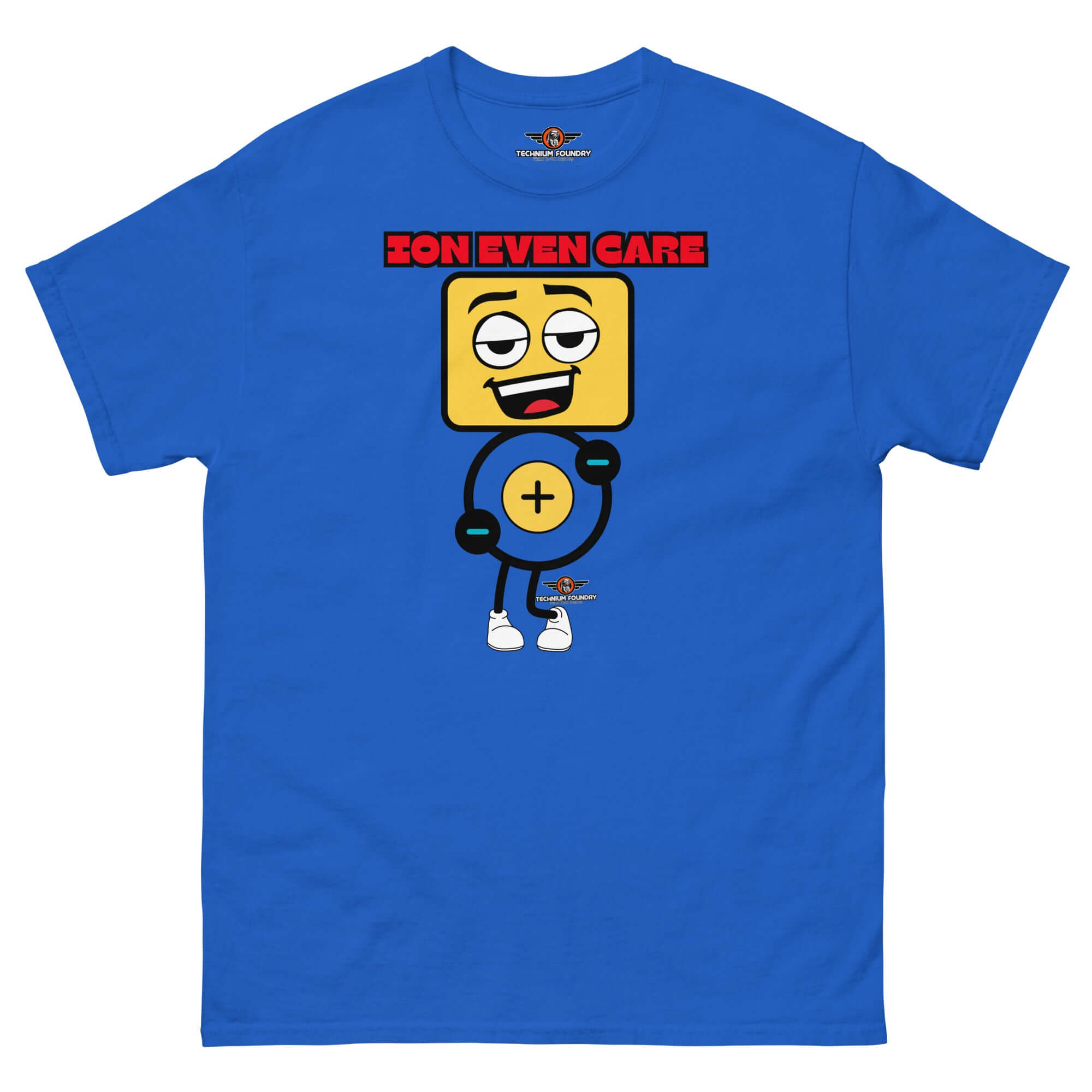 Ion Even Care T-shirt featuring apathetic atomic character with a positive charge, blue shirt with a humorous chemistry theme.