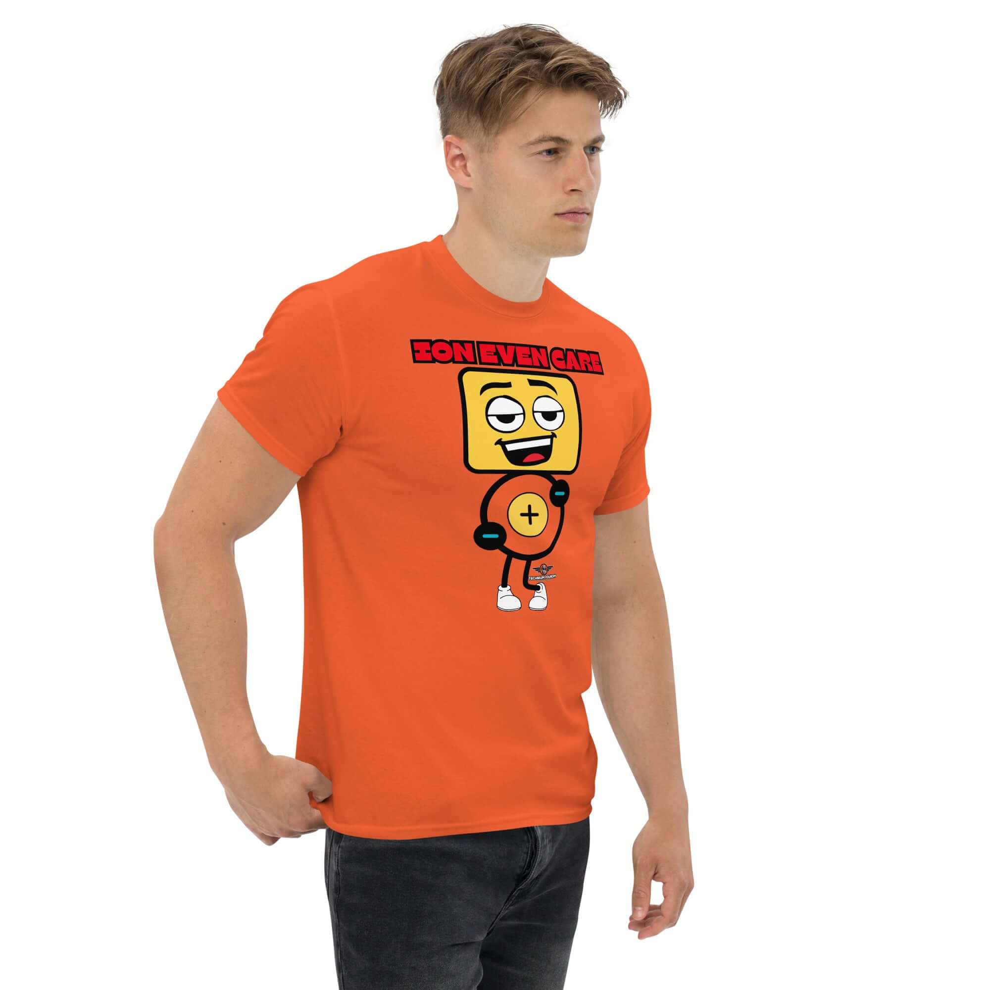 Ion Even Care T-shirt with apathetic atomic character design, worn by a model. Chemistry-themed apparel with atomic attitude.