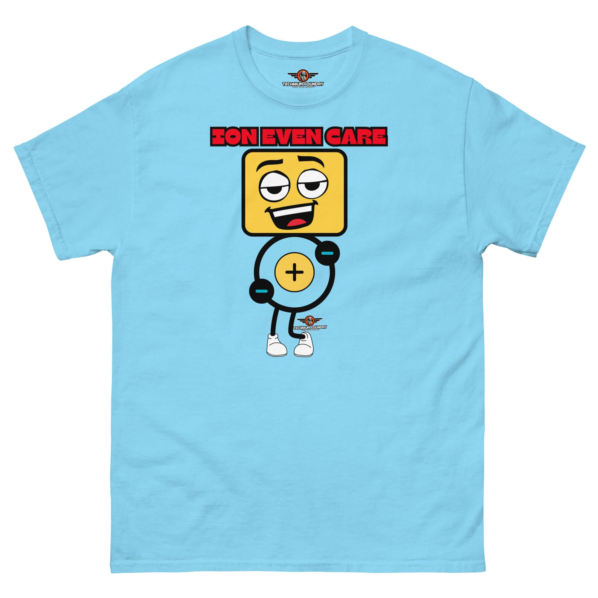 Ion Even Care T-Shirt featuring apathetic atomic character graphic on light blue fabric, expressing witty chemistry humor.