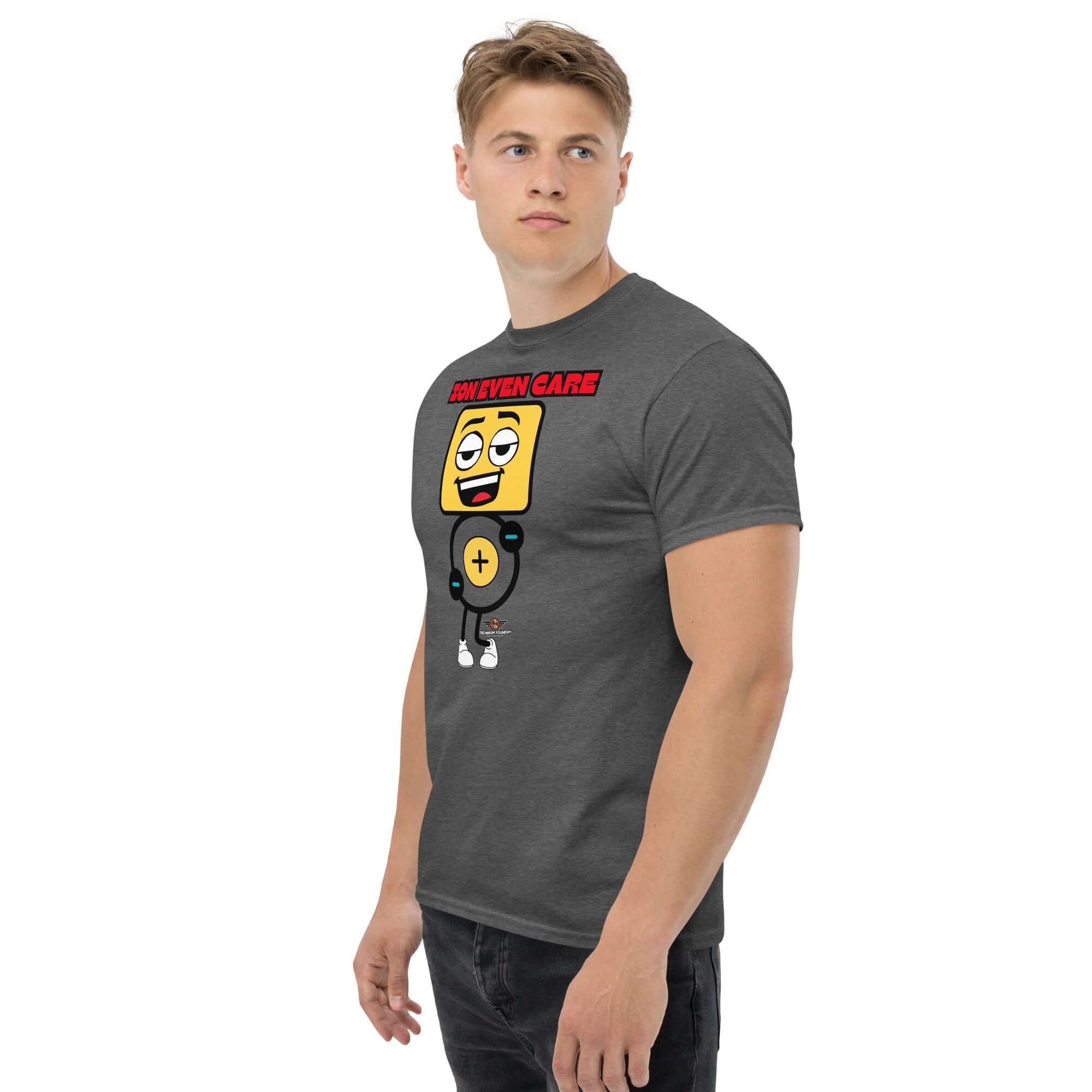 Gray Ion Even Care t-shirt featuring an apathetic atomic character with text, perfect for chemistry enthusiasts and casual wear.