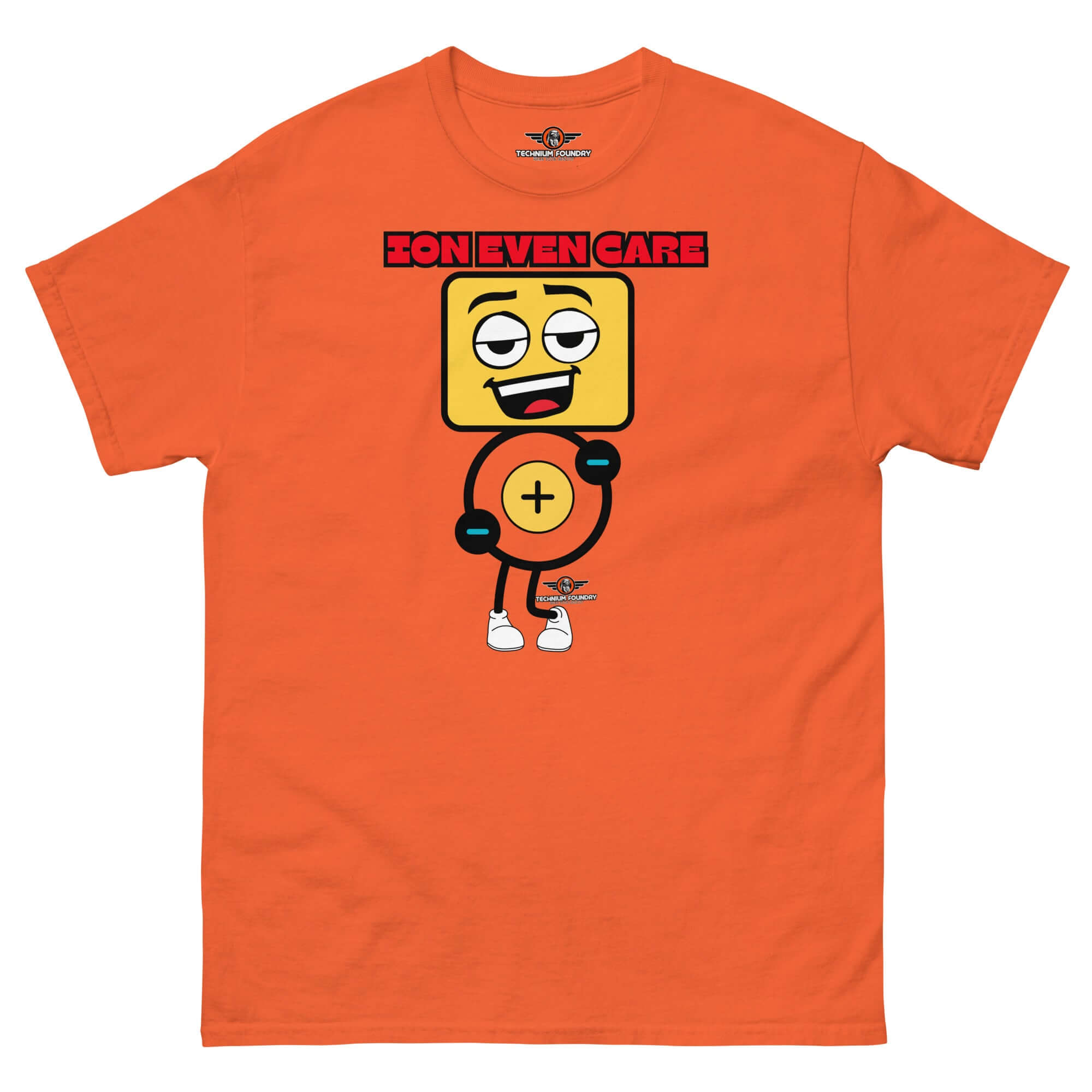 Orange 'Ion Even Care' T-shirt with cartoon atomic character and humorous chemistry theme for science lovers.