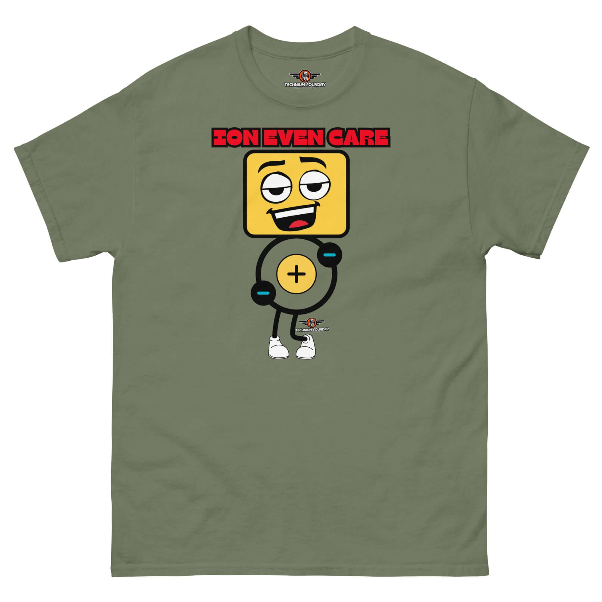 Alt Tag: Ion Even Care T-Shirt featuring apathetic atomic character with positive charge and attitude, green cotton tee.