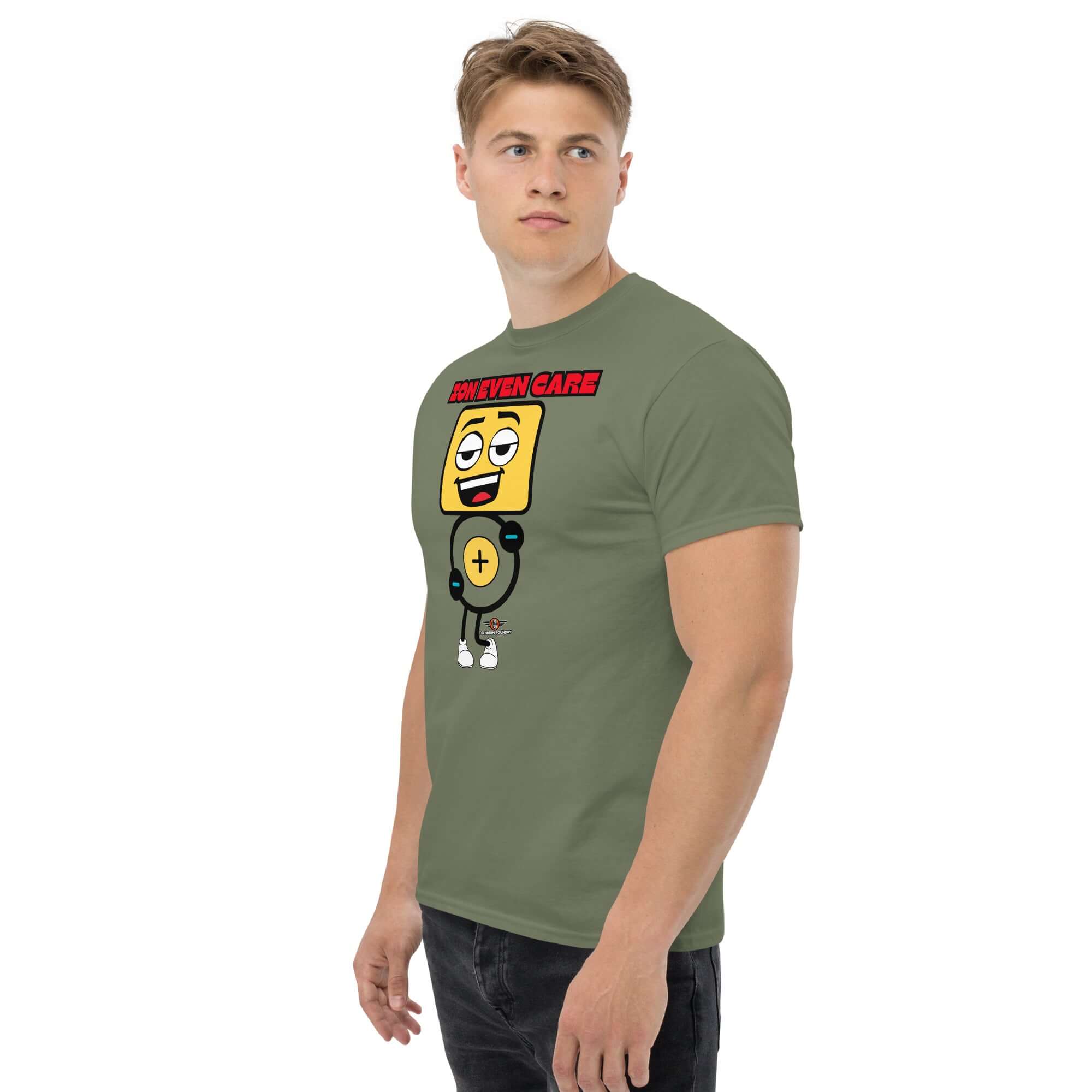 Ion Even Care T-shirt with atomic character, funny chemistry design on olive green fabric for a quirky style statement