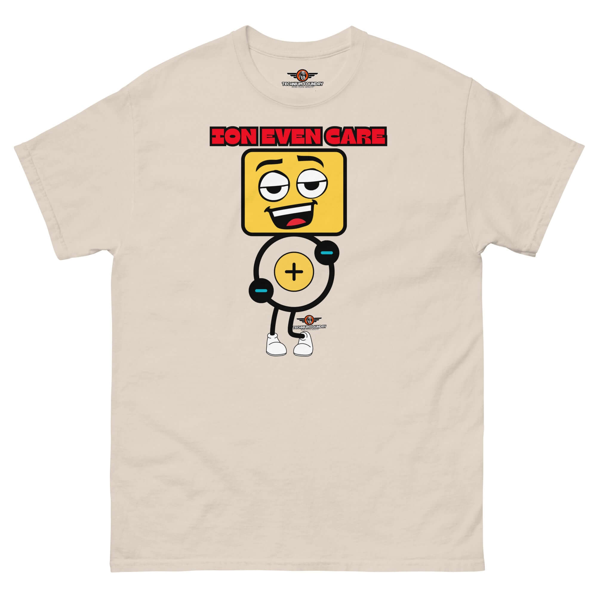 Atomic attitude beige t-shirt featuring "Ion Even Care" design with apathetic particle character, perfect for science enthusiasts.