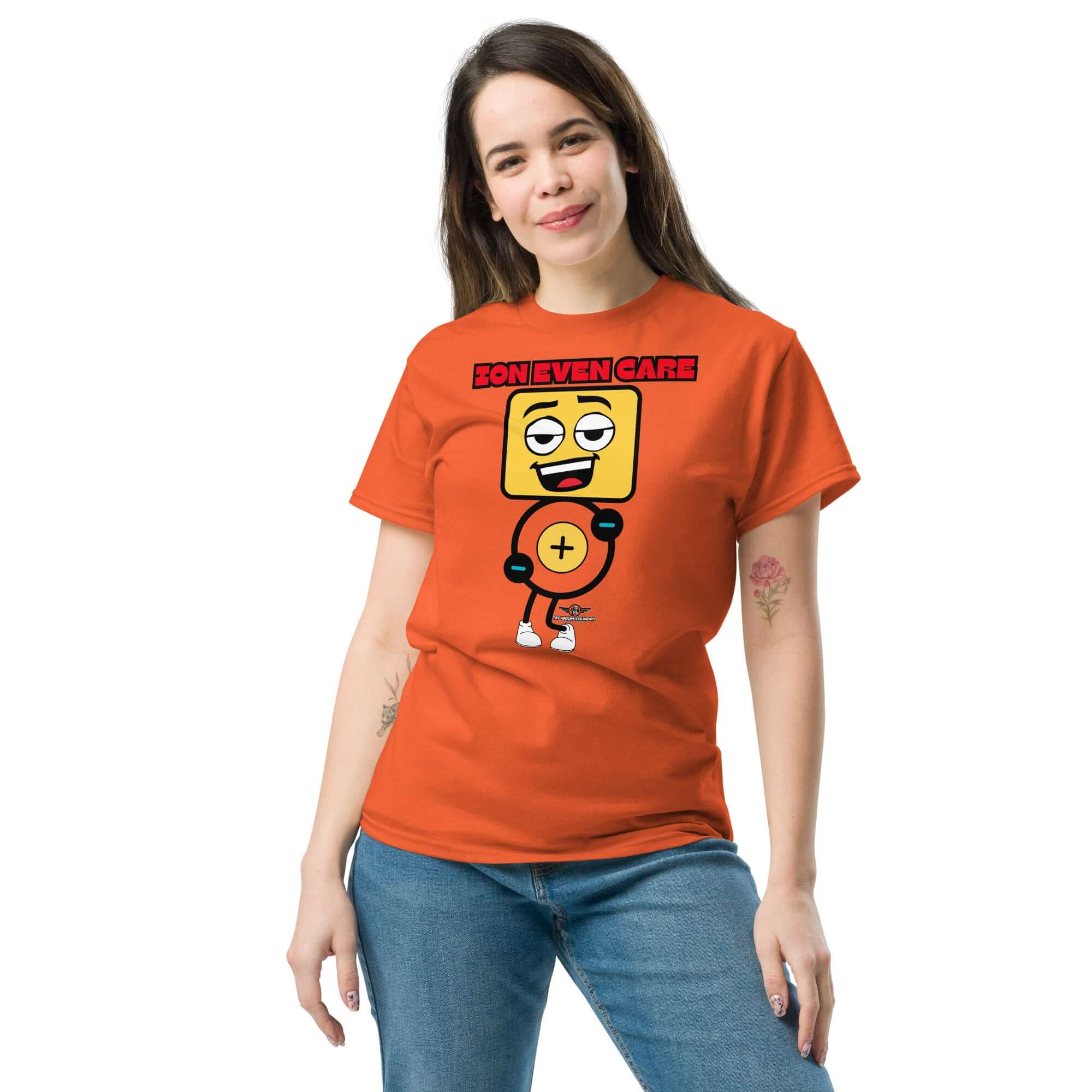 Trendsetting Ion Even Care T-shirt with atomic character illustration, blending chemistry and style with a hint of playful sass.