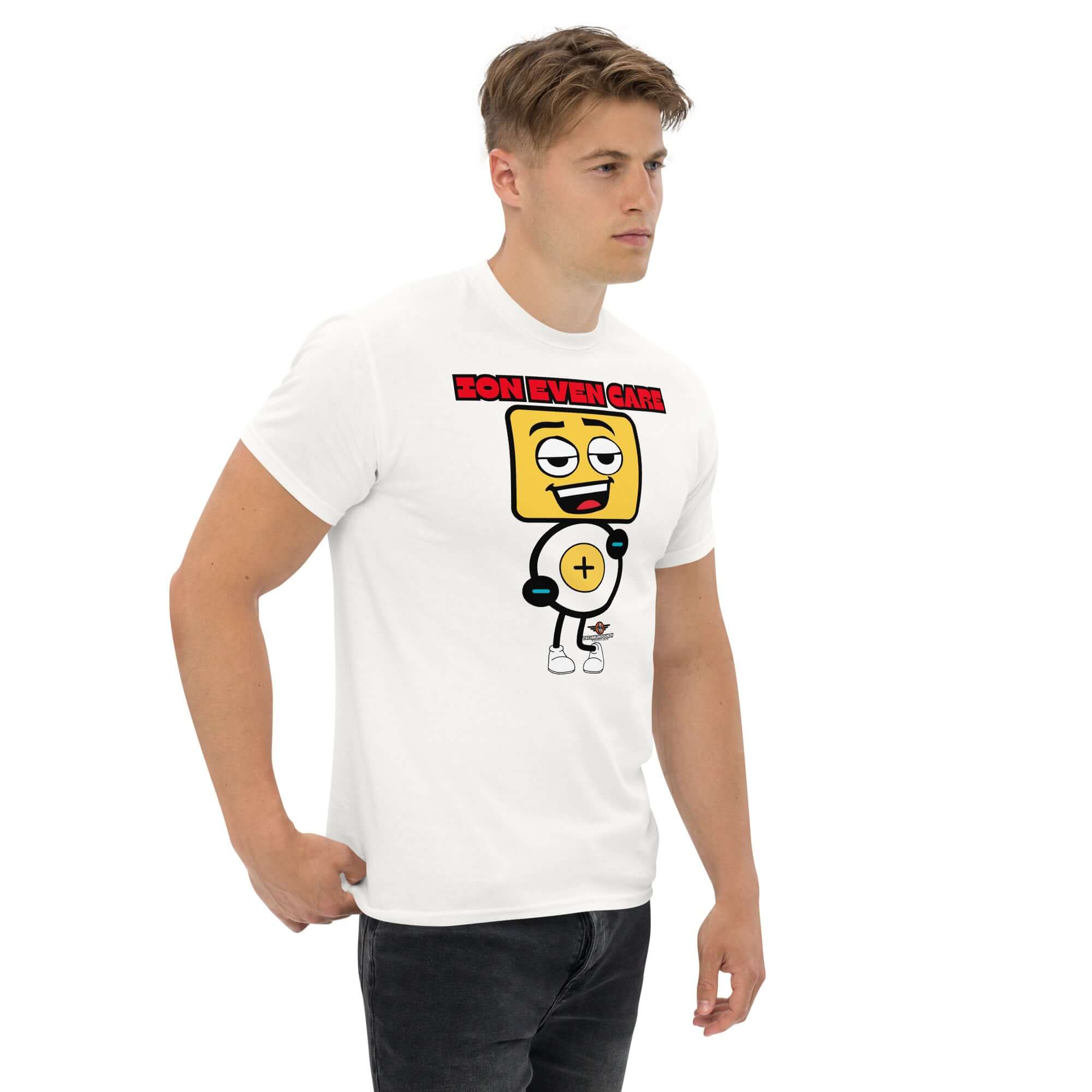 Man wearing Ion Even Care T-shirt with unbothered atomic character design, combining humor and chemistry.