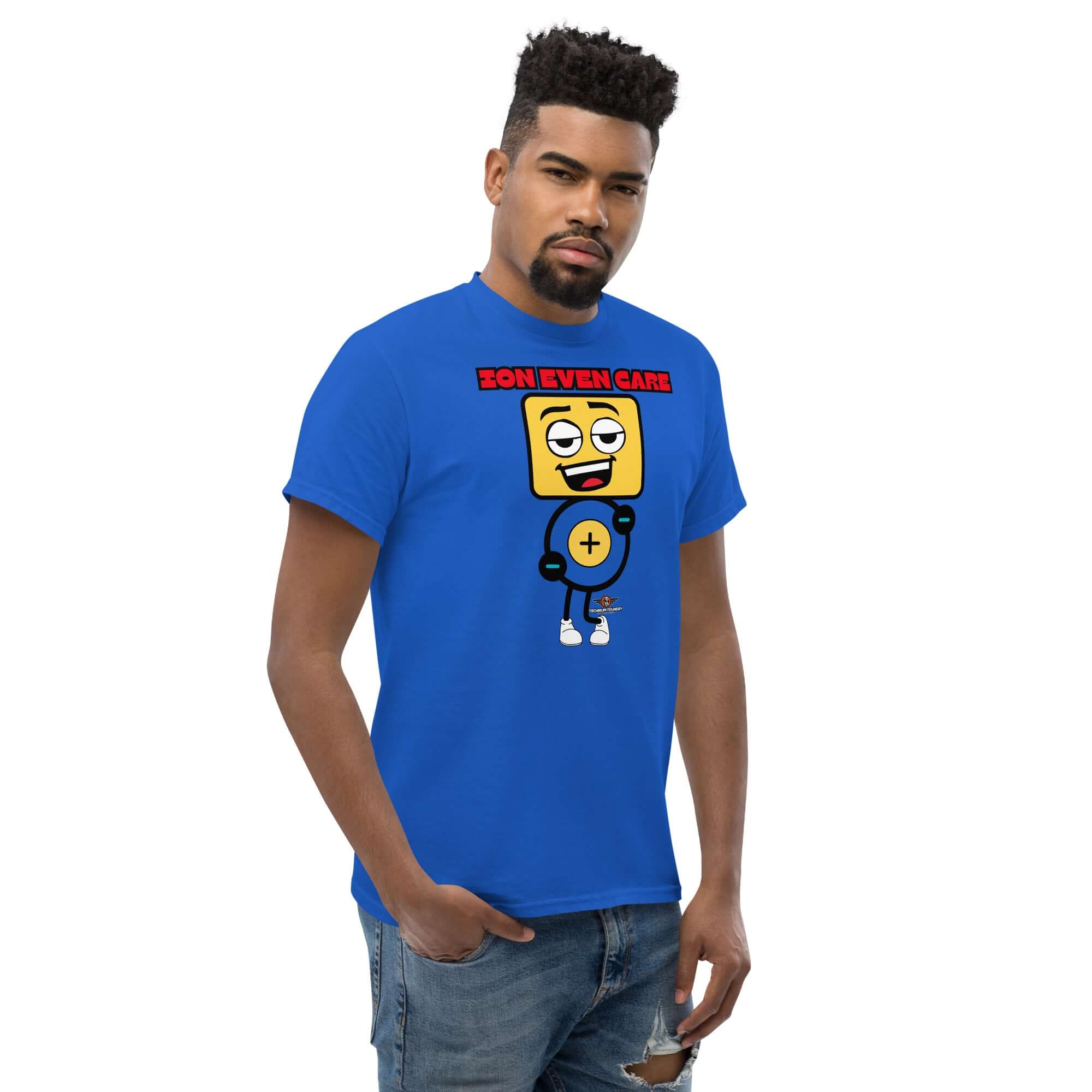 Blue Ion Even Care T-shirt with apathetic atomic character design worn by model, perfect for chemistry enthusiasts with attitude.
