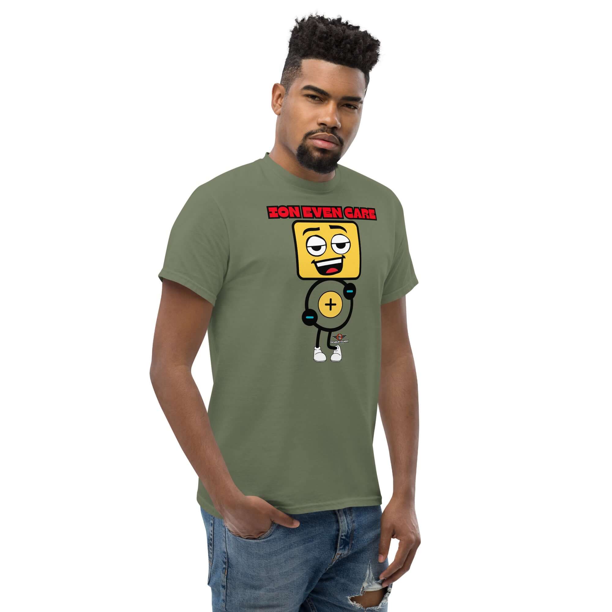 Man wearing Ion Even Care T-Shirt with apathetic atomic character, sassy chemistry design, and 'Atomic Attitude' slogan.