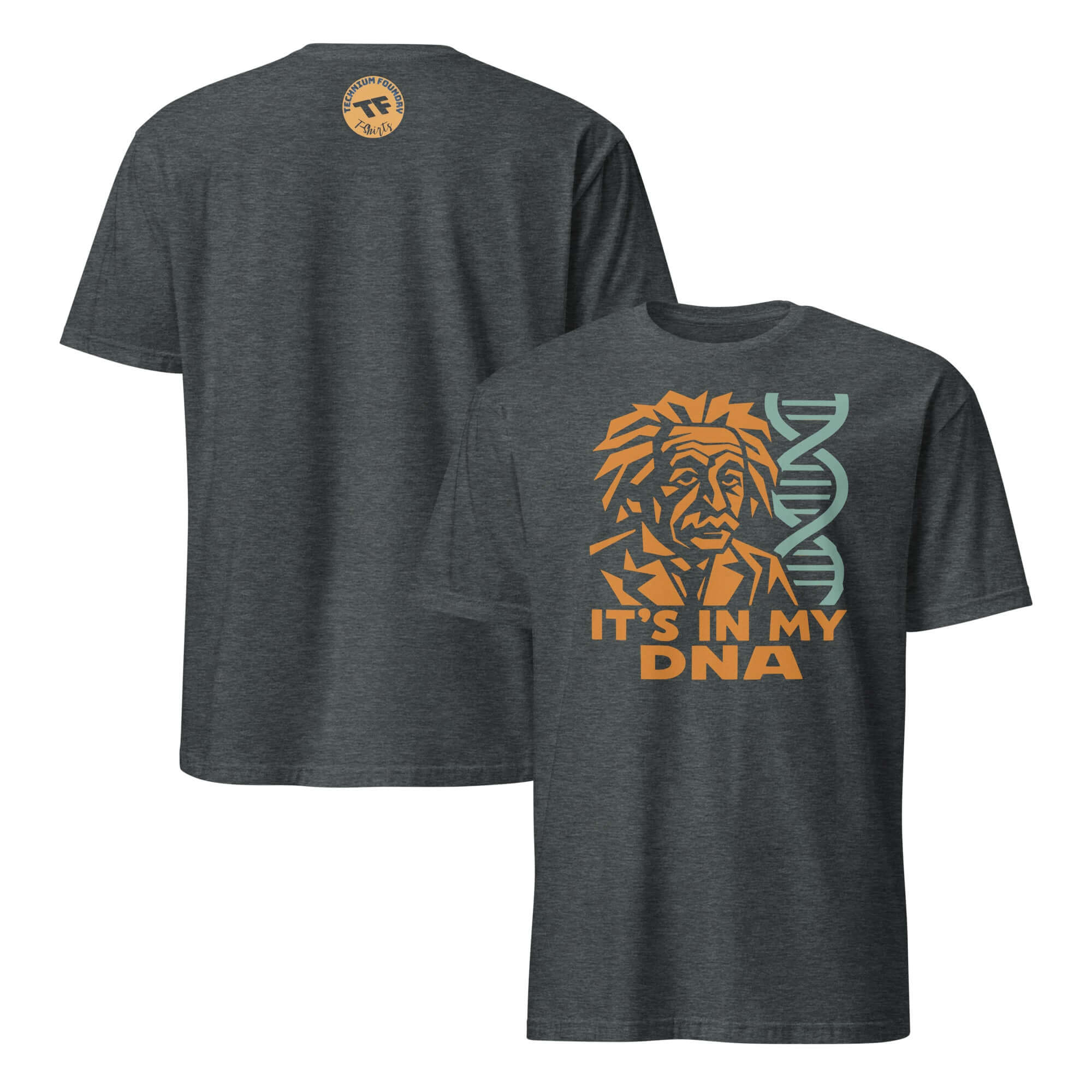 Einstein T-Shirt with DNA graphic, humor design on dark fabric.