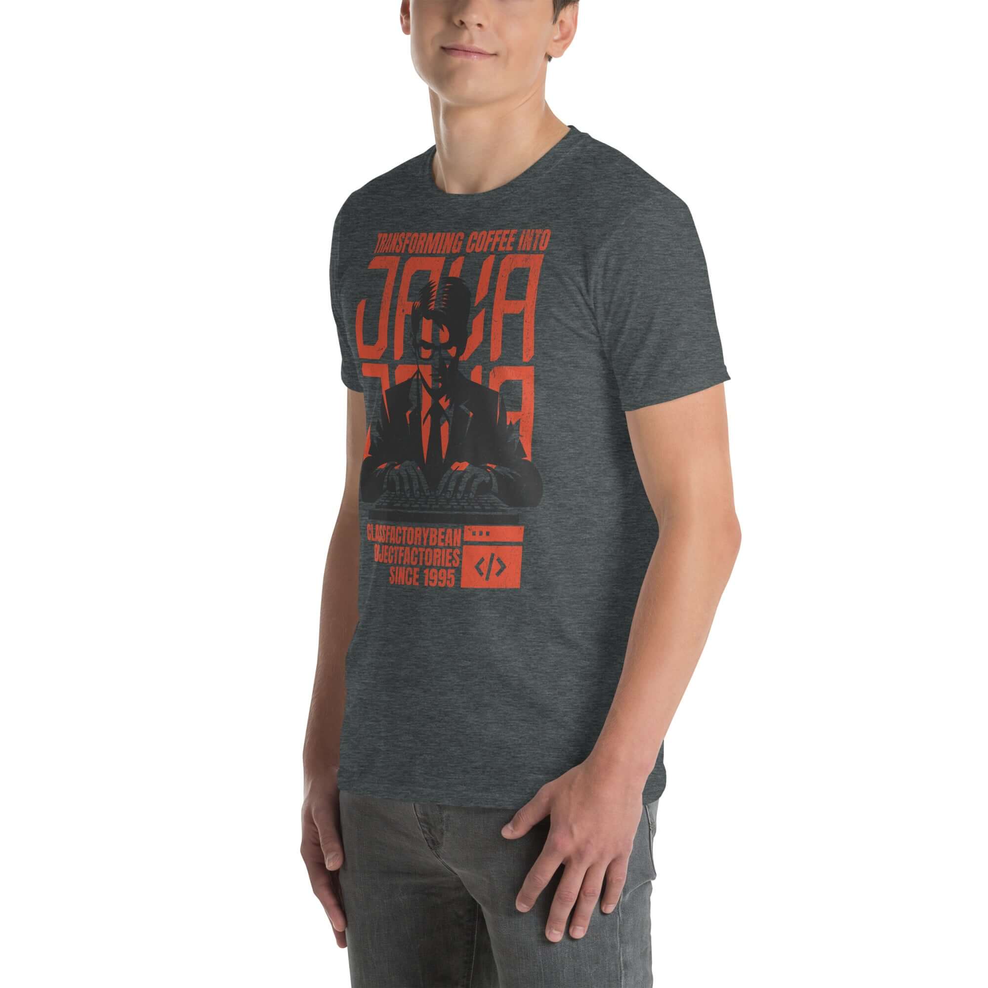 Man wearing Java T-Shirt, featuring red and black design with coder and text "Transforming Coffee into Code." Perfect for programmers.