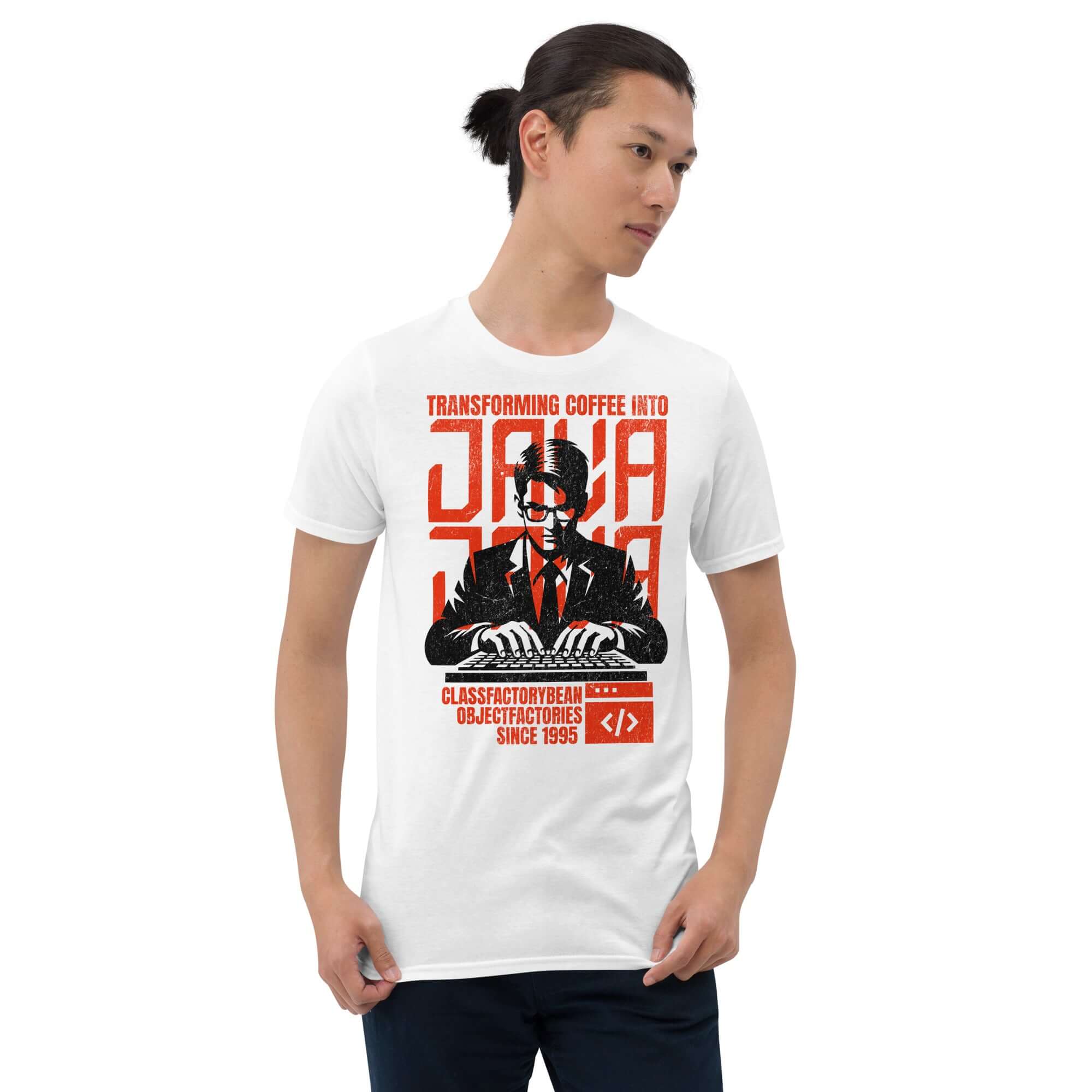 Java T-Shirt featuring a coder with a "Transforming Coffee into Code" design in red and black, ideal for programming enthusiasts.