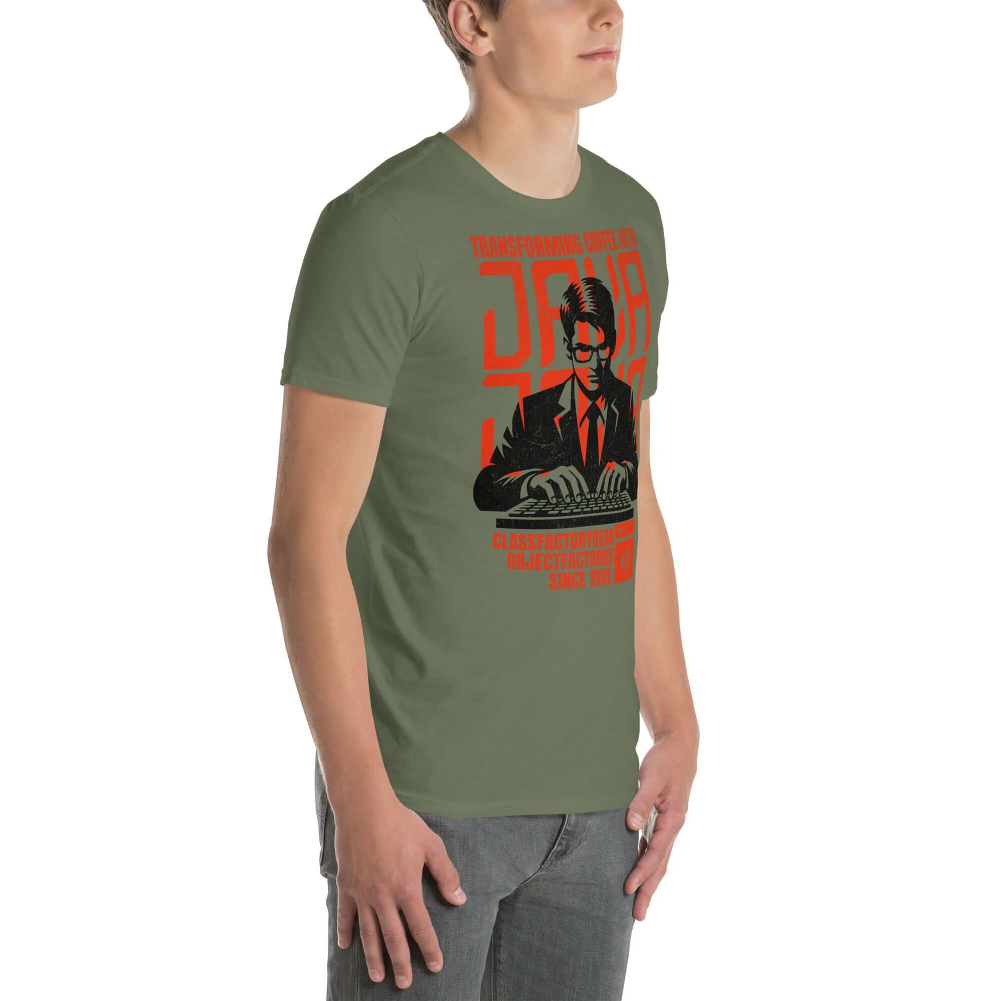 Java T-Shirt with propaganda-style design featuring coder transforming coffee into code, green fabric, red and black artwork.