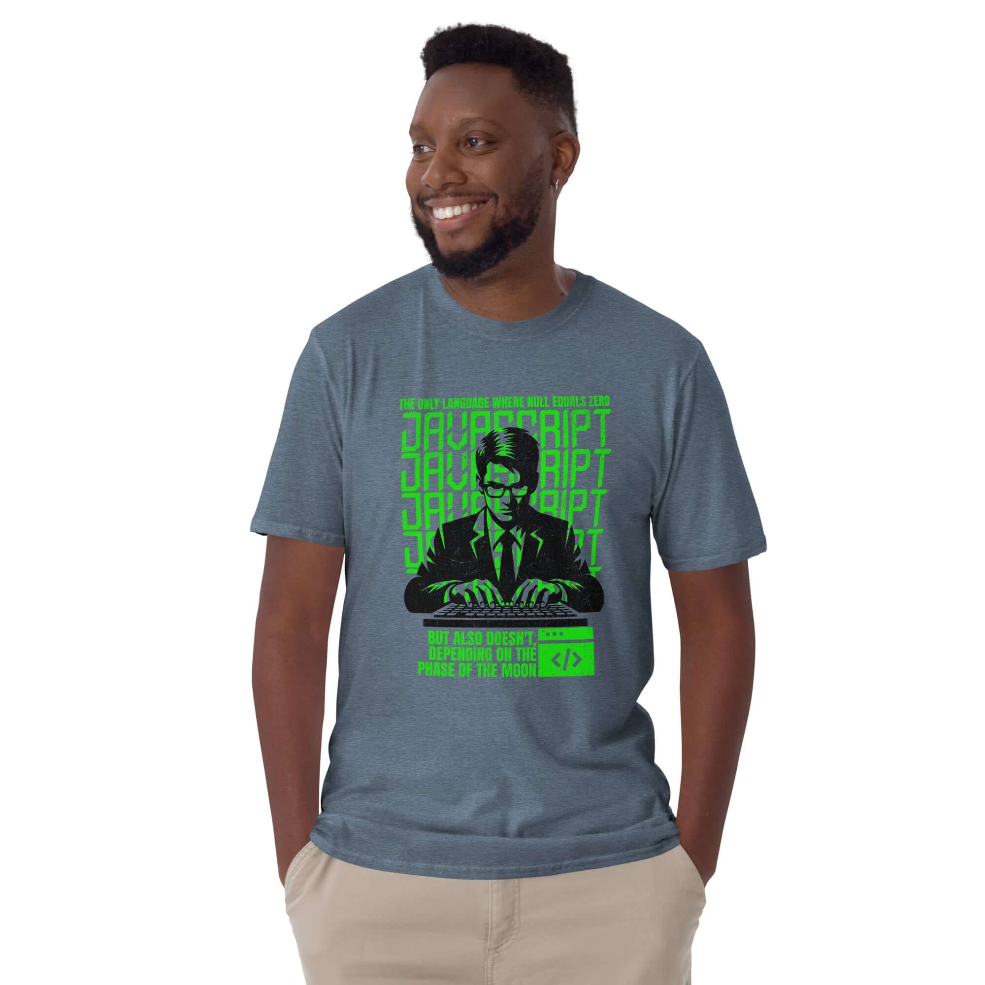 JavaScript Moon Phase T-Shirt featuring a neon green programmer design, highlighting coding quirks on a charcoal background.