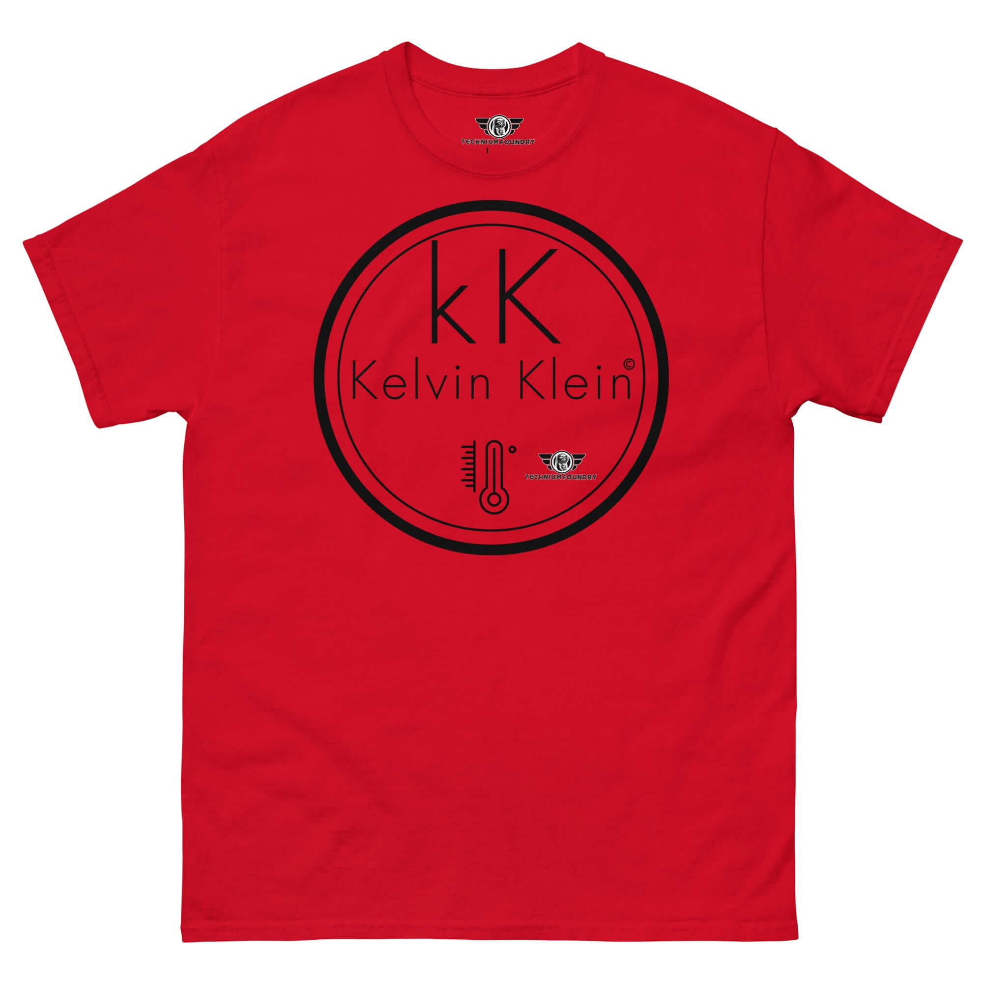 Red "Kelvin Klein" parody t-shirt featuring a thermometer design, blending scientific humor with fashion elegance.