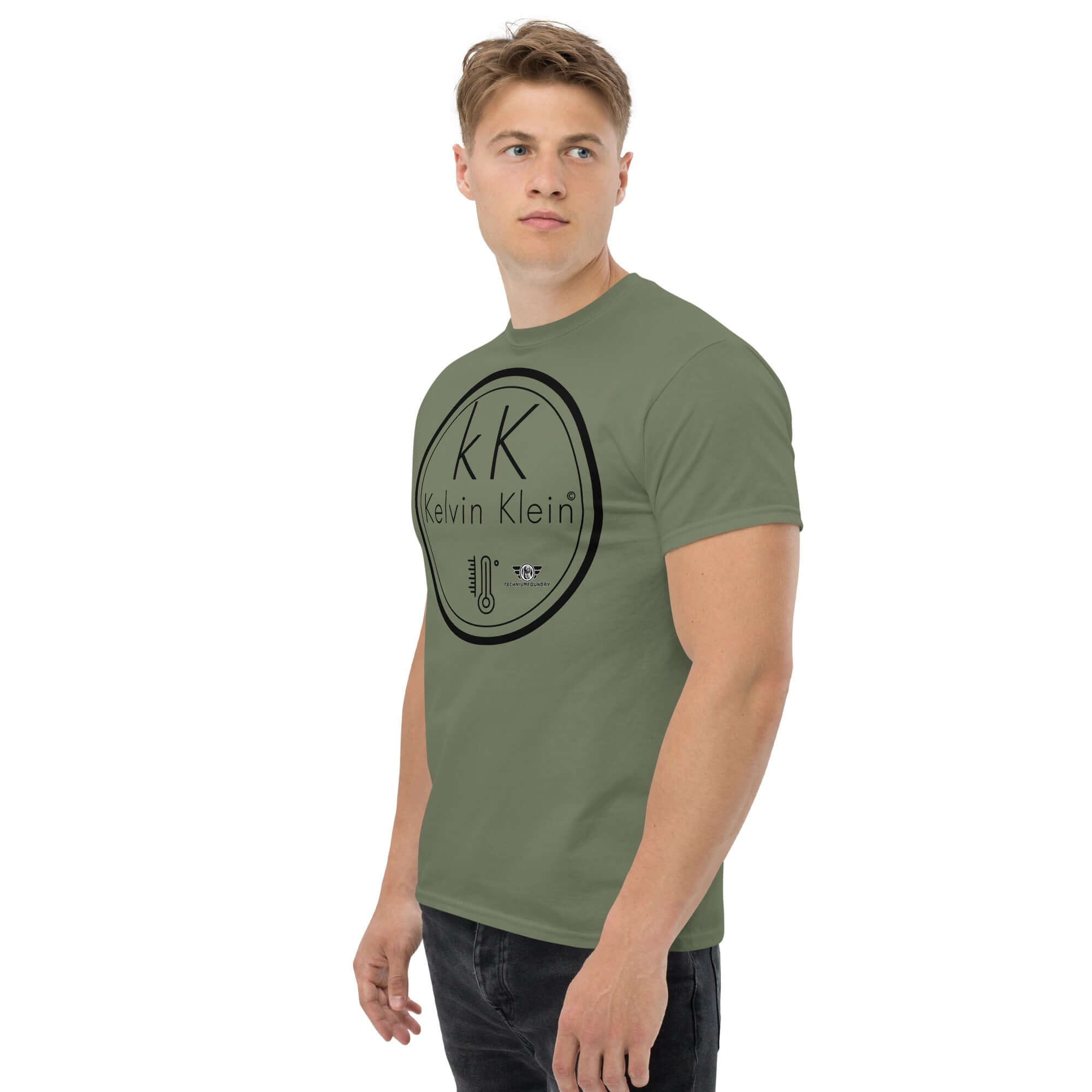 Man wearing green Kelvin Klein Temperature Scale parody t-shirt featuring a thermometer icon and humorous scientific design